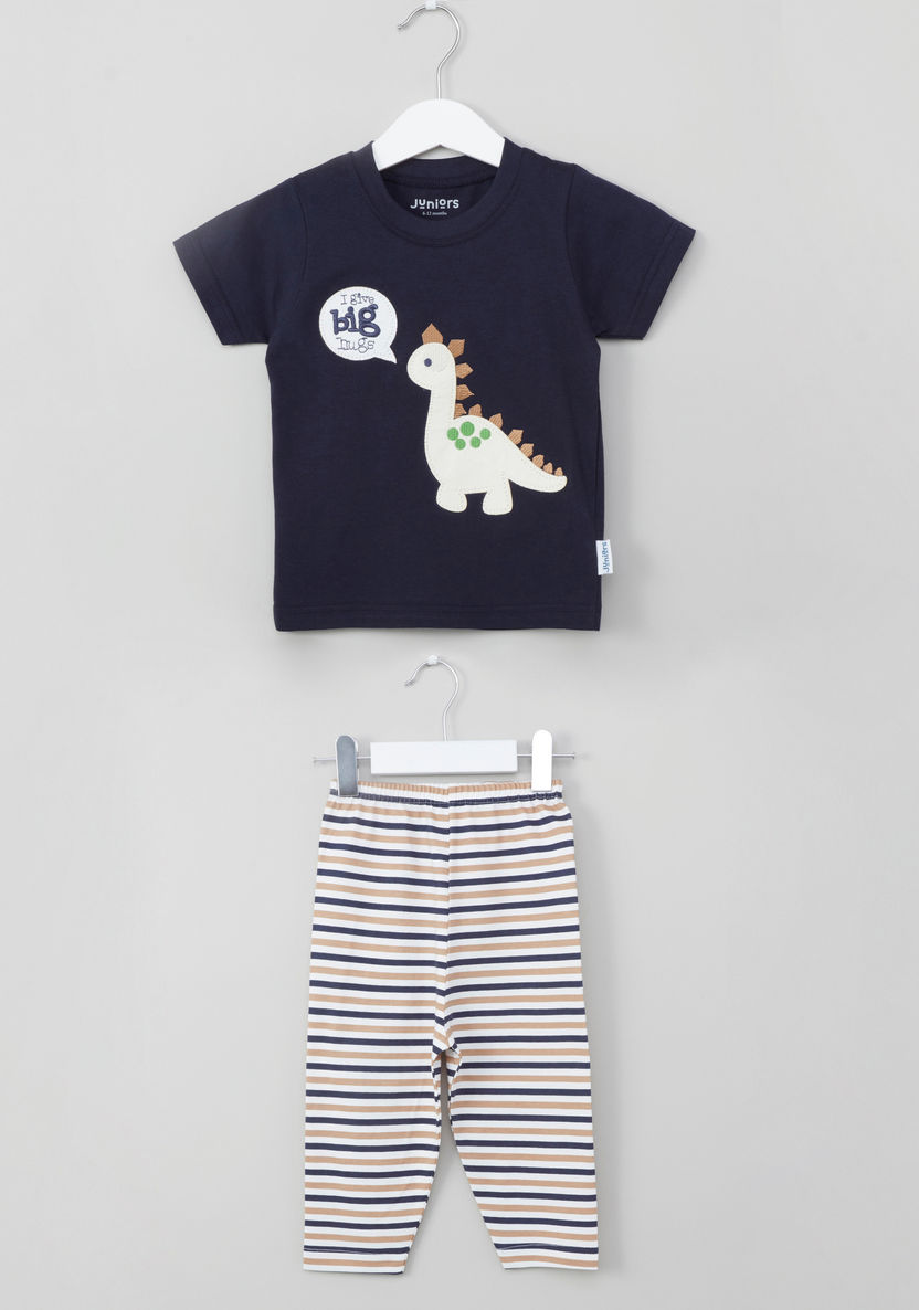 Juniors Dinosaur Patch Detail T-shirt and Striped Pyjama Set-Pyjama Sets-image-0