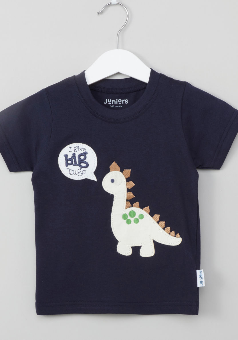 Juniors Dinosaur Patch Detail T-shirt and Striped Pyjama Set-Pyjama Sets-image-1