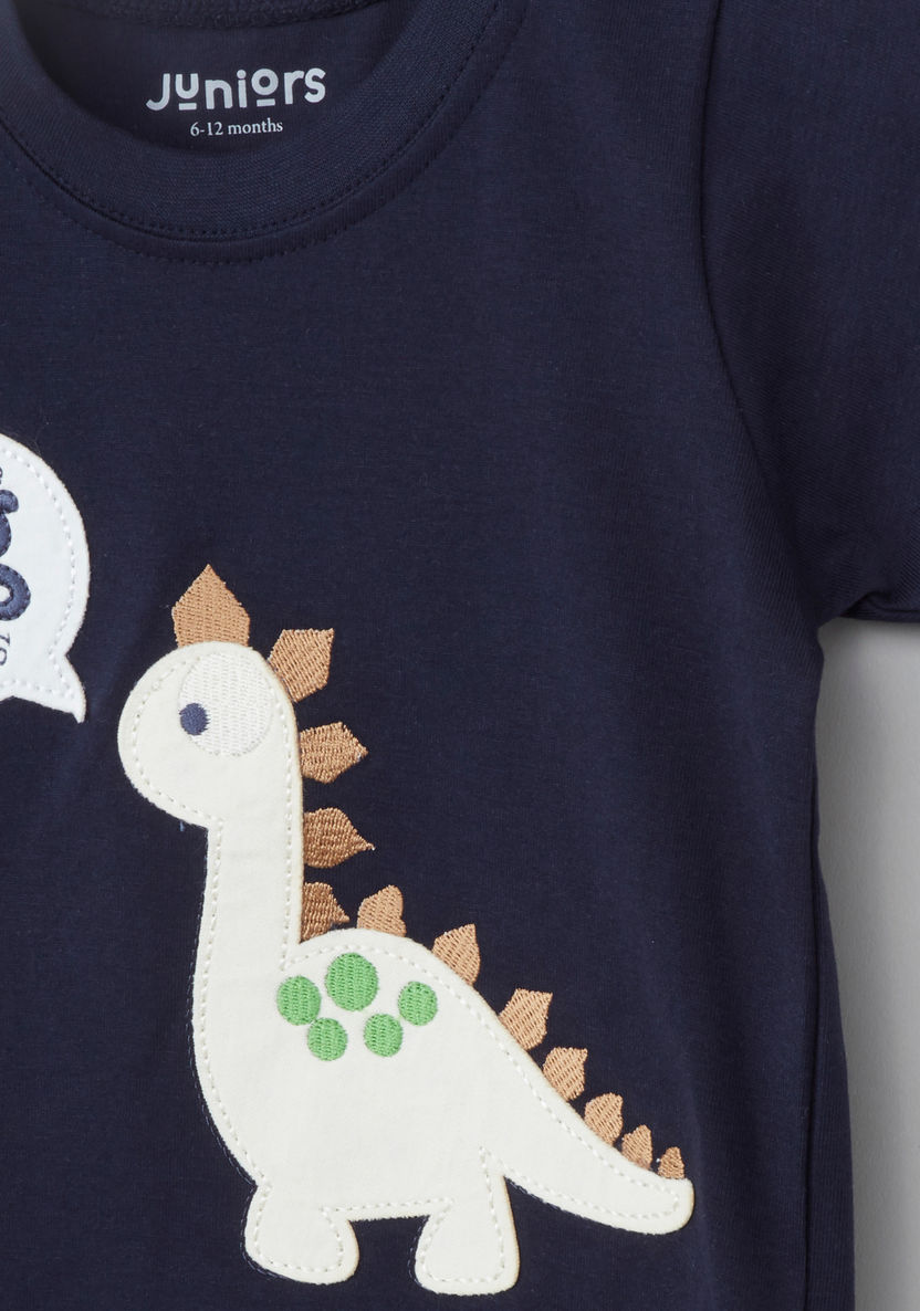 Juniors Dinosaur Patch Detail T-shirt and Striped Pyjama Set-Pyjama Sets-image-2