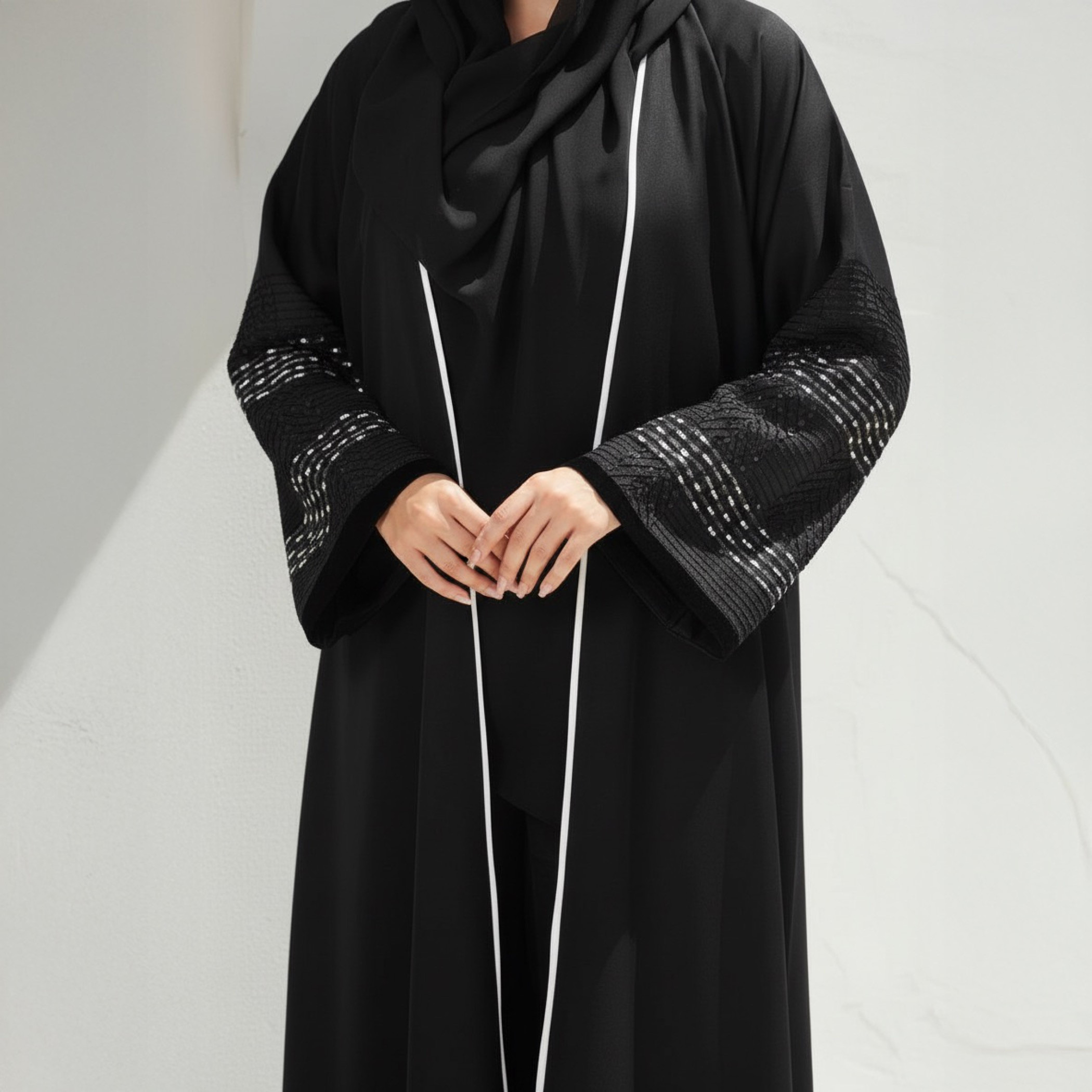 عباية سوداء بأكمام مطرزة وحواف متباينة مع حجاب من فاشون لاين-women-arabicclothing-abayas-image-6