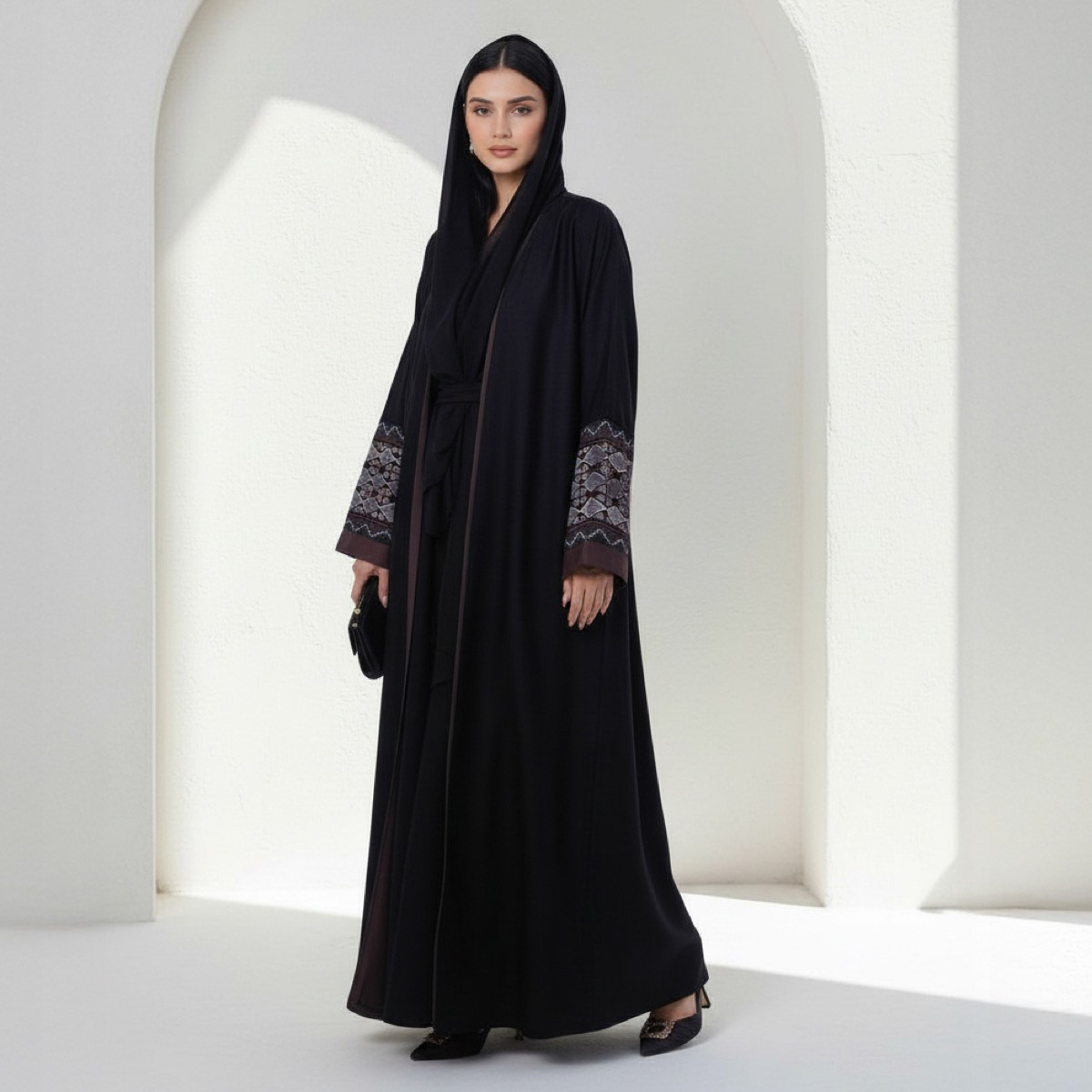 Fashion Line Black Geometric Embroidered Sleeves and Piping Detail Abaya with Hijab-women-arabicclothing-abayas-image-1