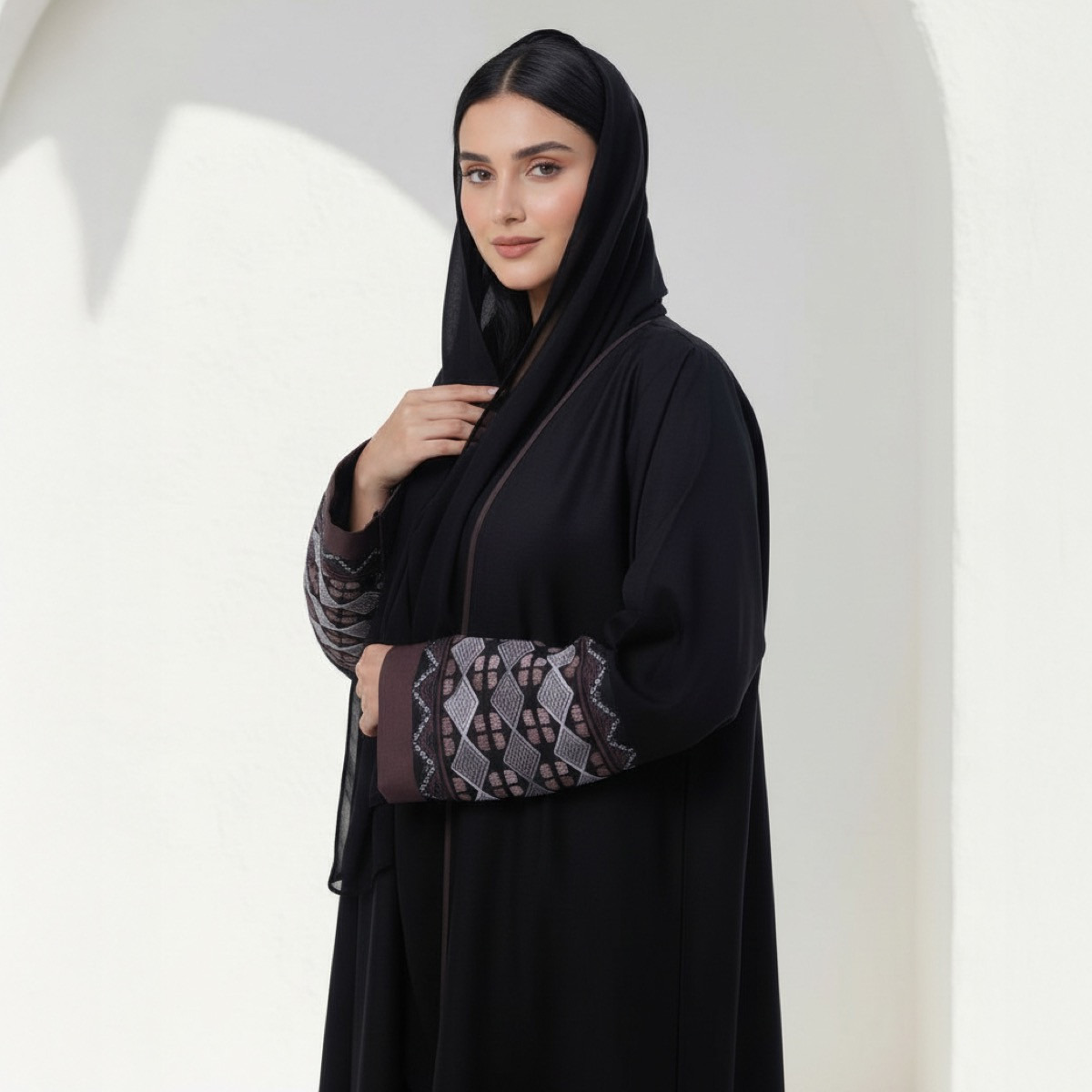 Fashion Line Black Geometric Embroidered Sleeves and Piping Detail Abaya with Hijab-women-arabicclothing-abayas-image-2