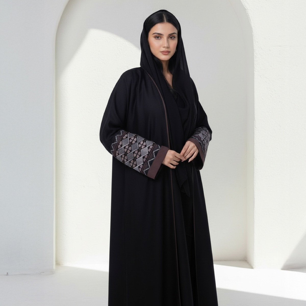 Fashion Line Black Geometric Embroidered Sleeves and Piping Detail Abaya with Hijab-women-arabicclothing-abayas-image-3