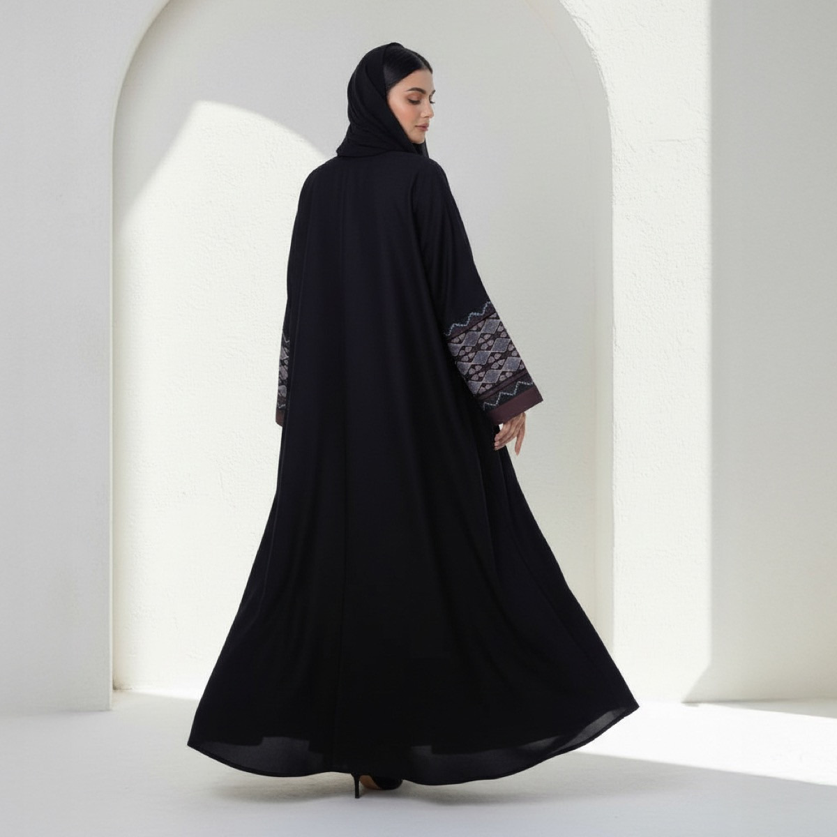 Fashion Line Black Geometric Embroidered Sleeves and Piping Detail Abaya with Hijab-women-arabicclothing-abayas-image-4
