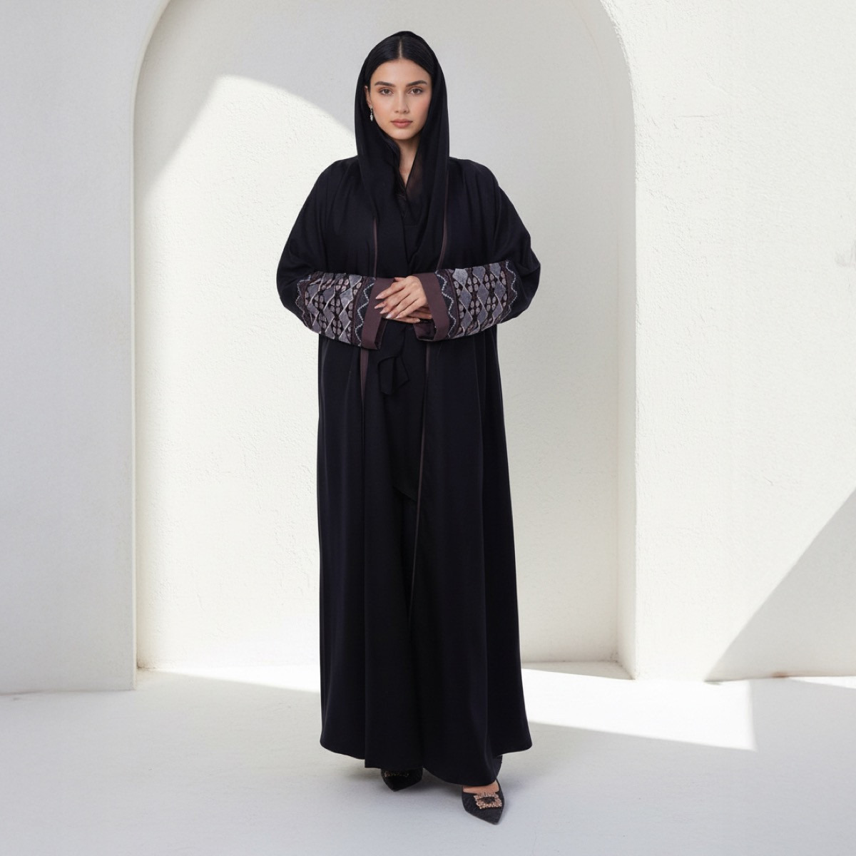 Fashion Line Black Geometric Embroidered Sleeves and Piping Detail Abaya with Hijab-women-arabicclothing-abayas-image-5