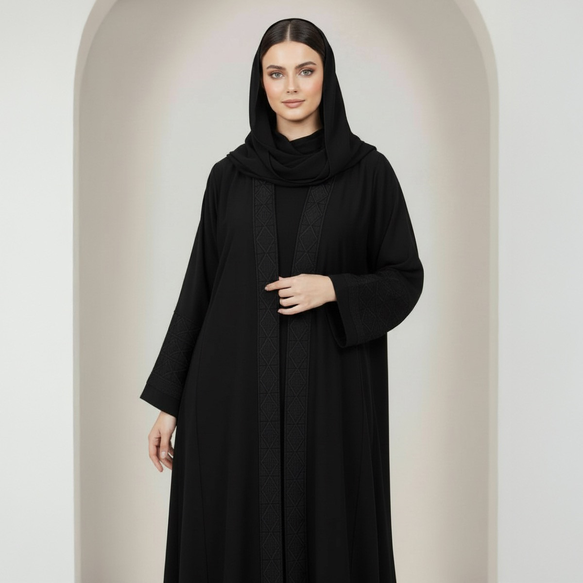 عباية أنيقة بأكمام مطرزة إيثيريال نوار مع حجاب من فاشون لاين-women-arabicclothing-abayas-image-2