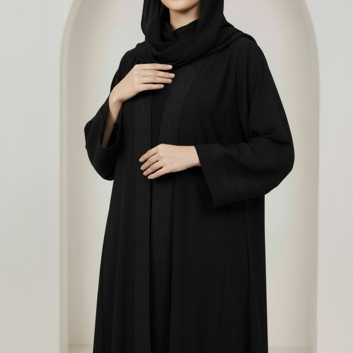 Fashion Line Ethereal Noir Intricate Embroidered Sleeve Abaya with Hijab-women-arabicclothing-abayas-image-3