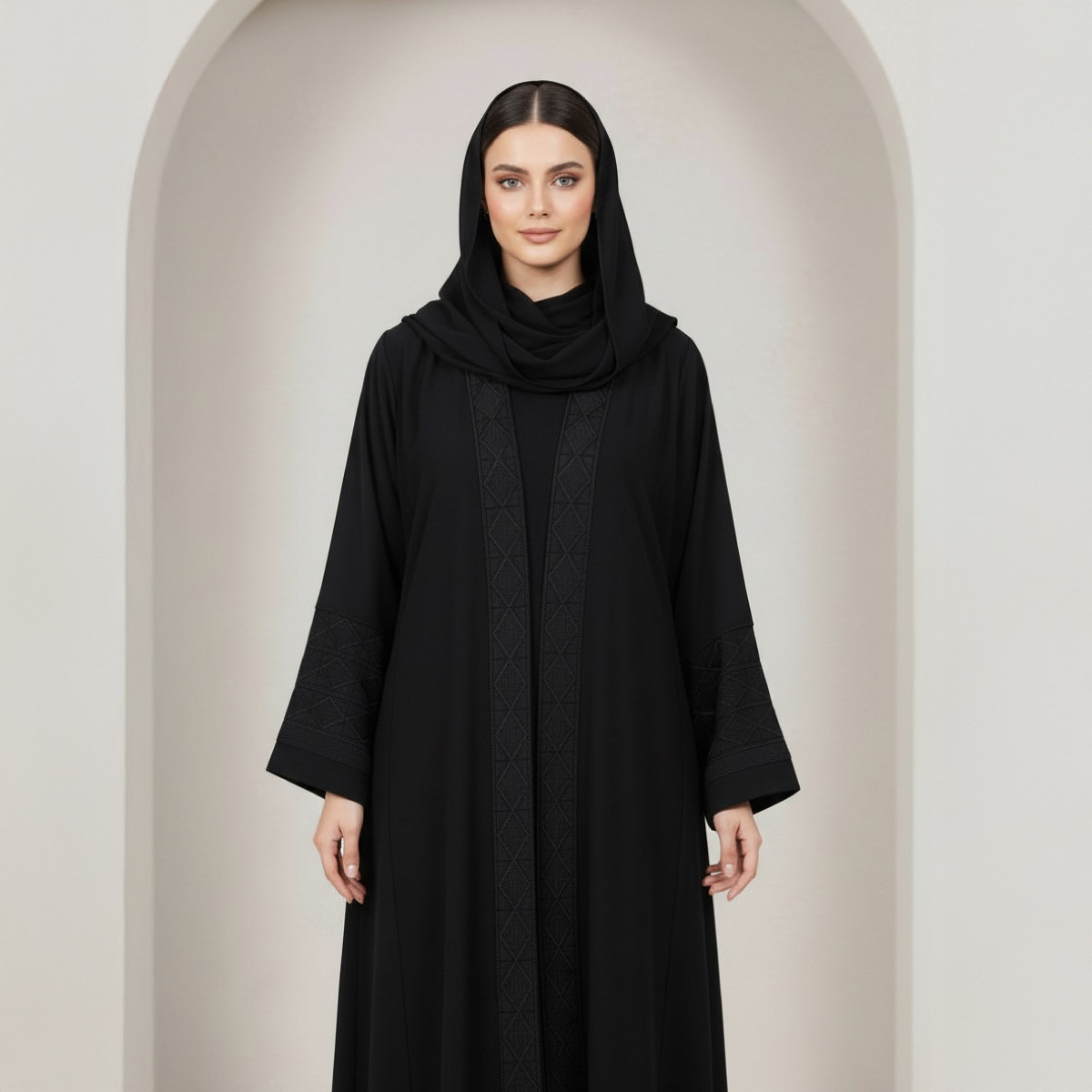 Fashion Line Ethereal Noir Intricate Embroidered Sleeve Abaya with Hijab-women-arabicclothing-abayas-image-5