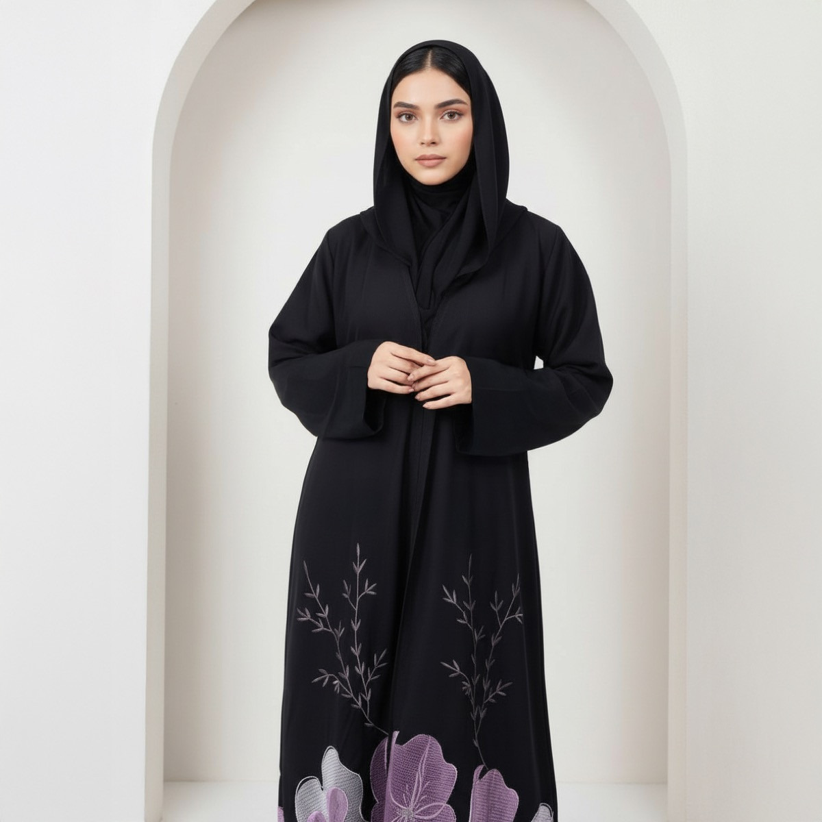 عباية سوداء مطرزة بالورود مع حجاب من فاشون لاين-women-arabicclothing-abayas-image-5