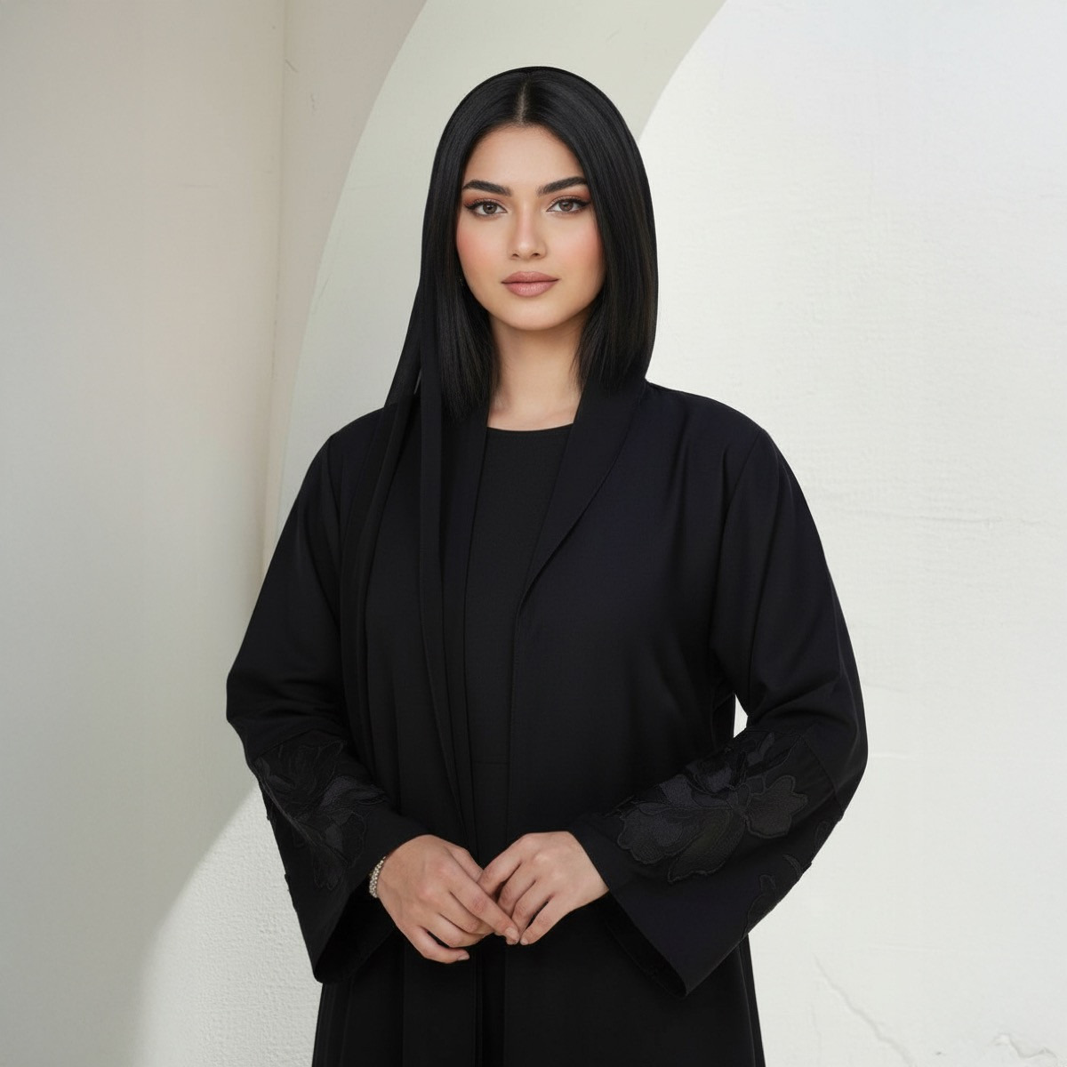 عباية أنيقة مطرزة بالورود إيثيريال جريس مع فتحة عند الأكمام مع حجاب من فاشون لاين-women-arabicclothing-abayas-image-3