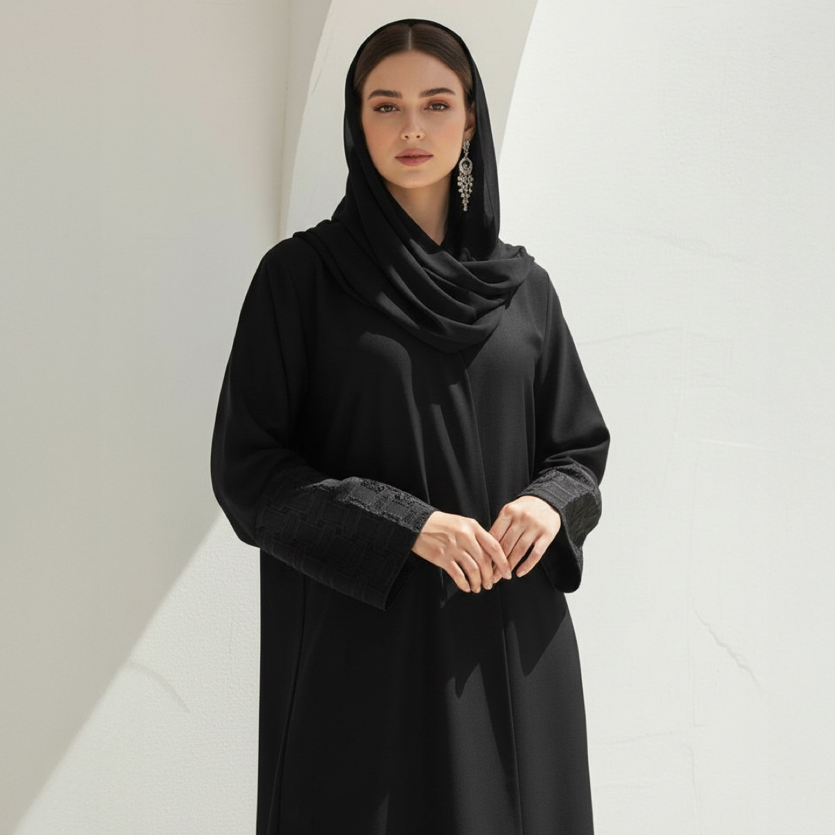 Fashion Line Arabian Grace Embroidered Sleeve Elegance Abaya with Hijab-women-arabicclothing-abayas-image-2