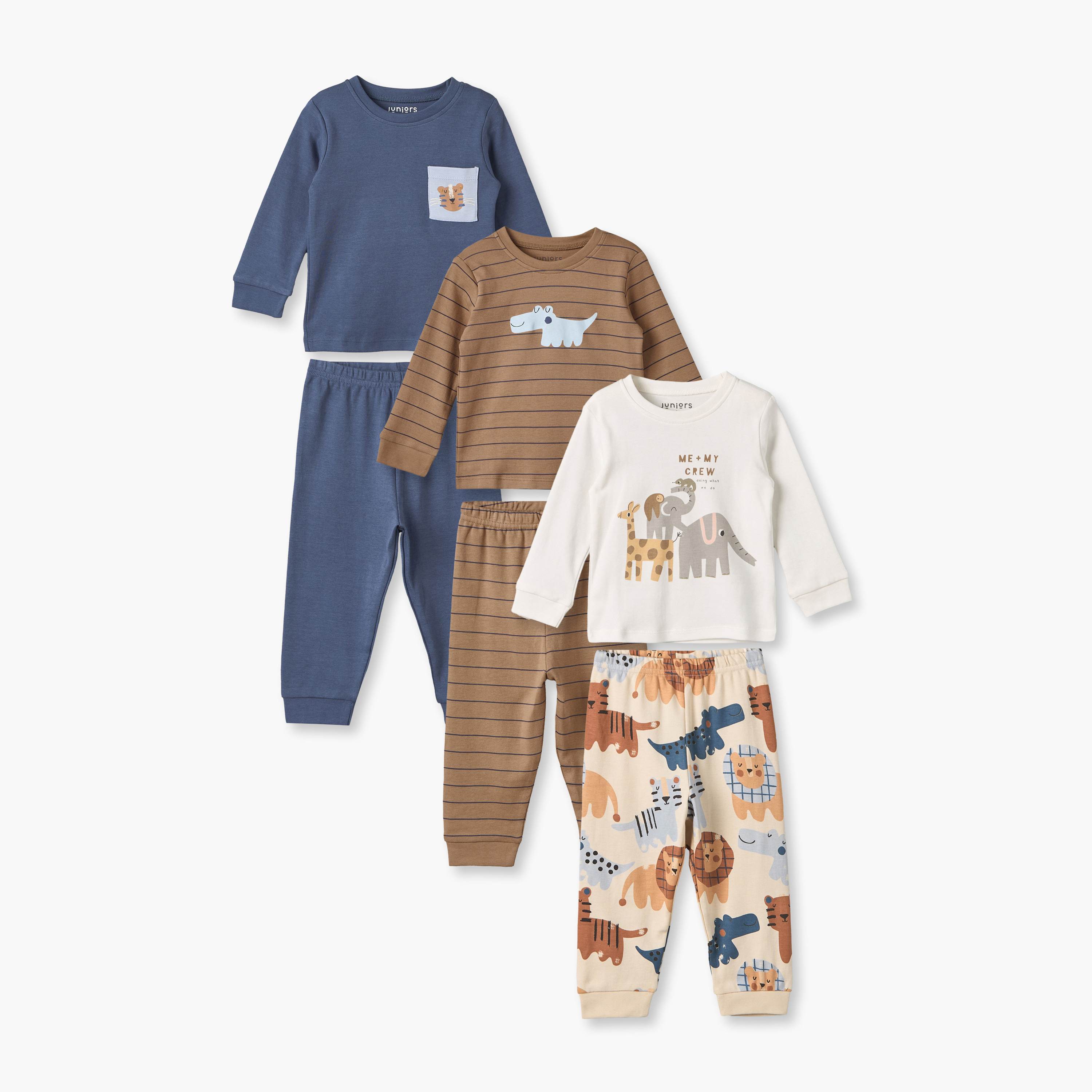Pack of 3 Juniors Cotton Crew Neck Long Sleeves Pyjama Set with Safari Print-baby-boys-clothing-nightwear-pyjamasets-image-1