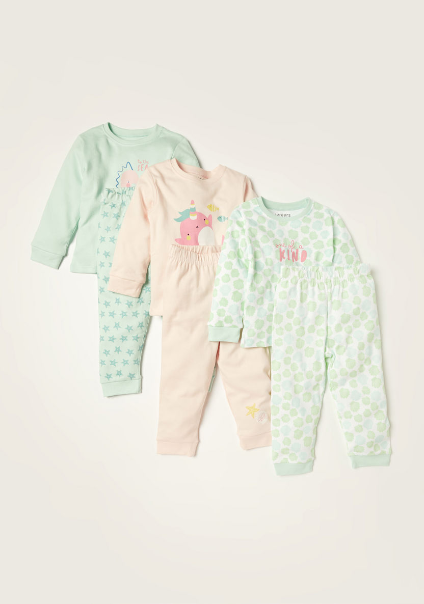 Juniors Printed Long Sleeves T-shirt and Pyjamas - Set of 3-Pyjama Sets-image-0