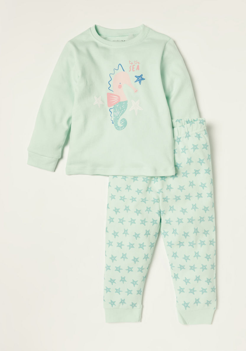 Juniors Printed Long Sleeves T-shirt and Pyjamas - Set of 3-Pyjama Sets-image-3