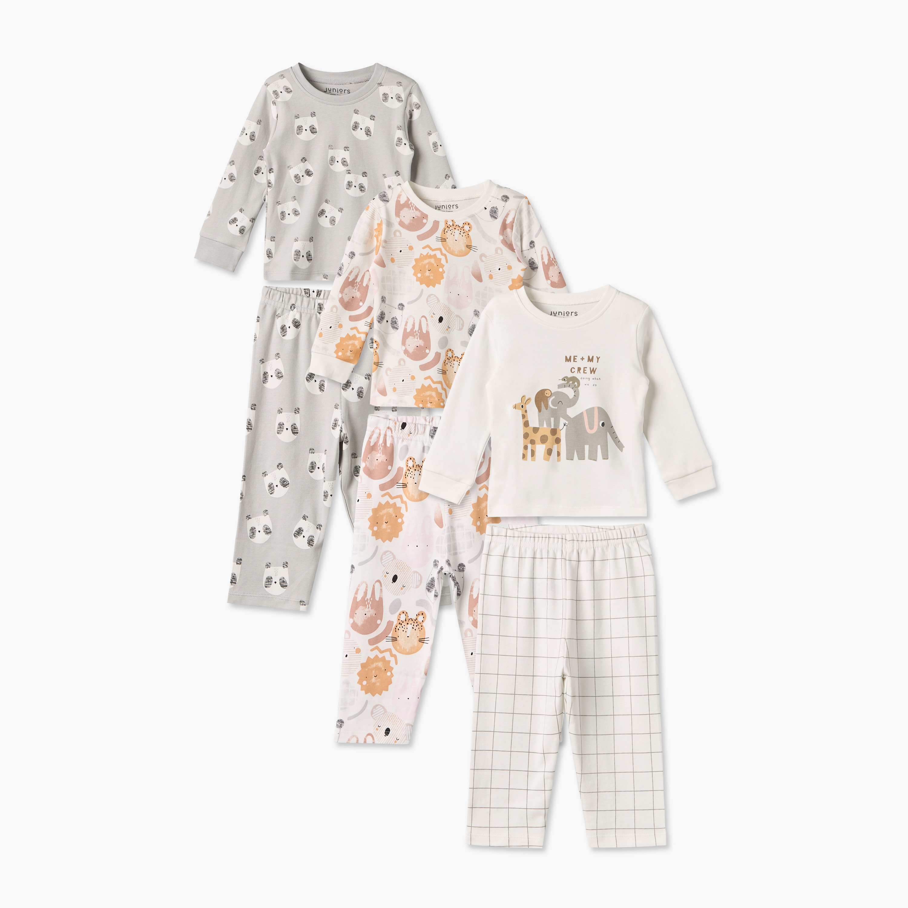 طقم بيجاما قطن بياقة ضيقة وأكمام طويلة وطبعات من جونيورز - عبوة من 3 أطقم-baby-boys-clothing-nightwear-pyjamasets-image-1