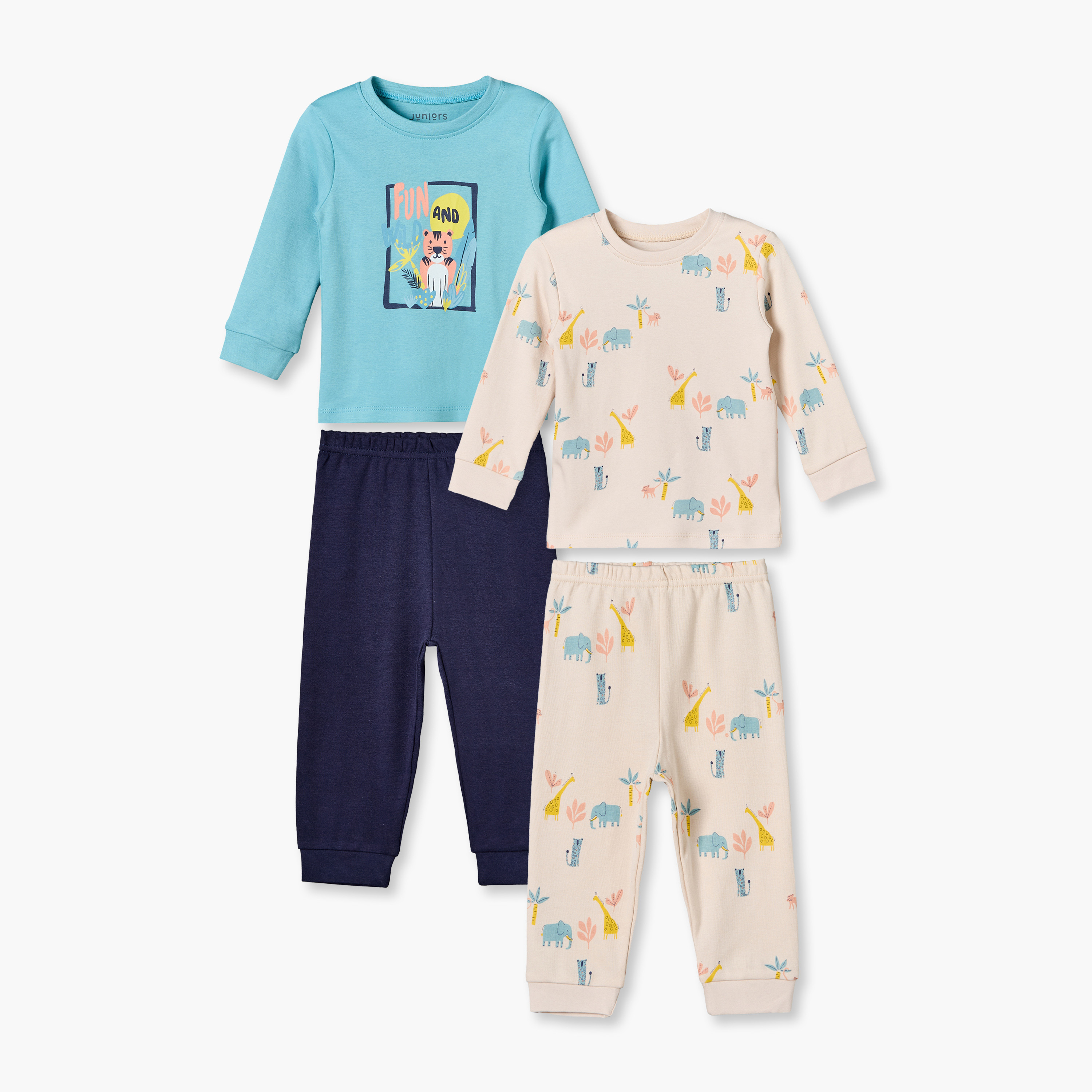 Pack of 2 Juniors Cotton Round Neck Long Sleeves Pyjama Set with Safari Print-baby-boys-clothing-nightwear-pyjamasets-image-1