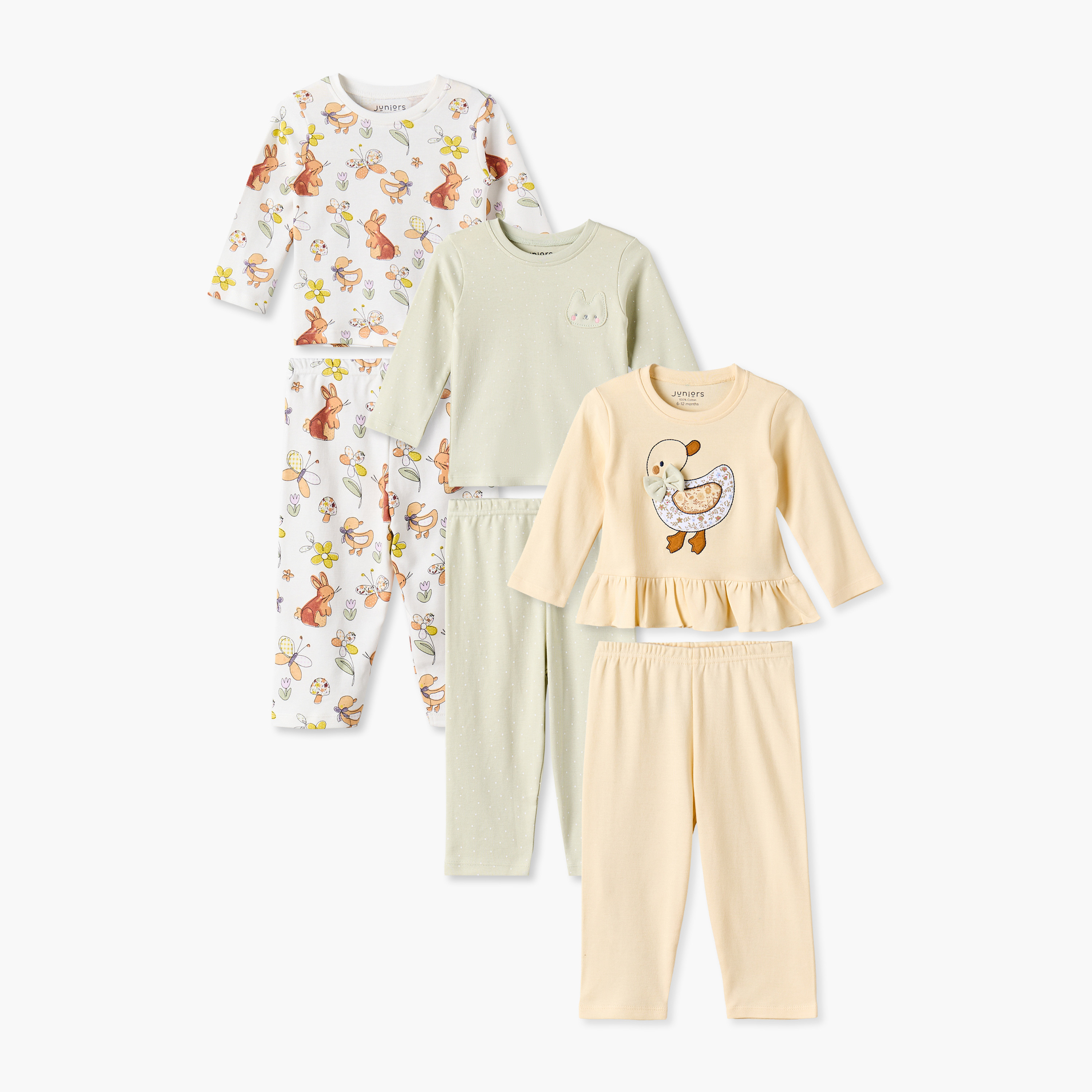 Pack of 3 Juniors Cotton Round Neck Long Sleeves Pyjama Set with Assorted Print-baby-girls-clothing-nightwear-pyjamasets-image-1