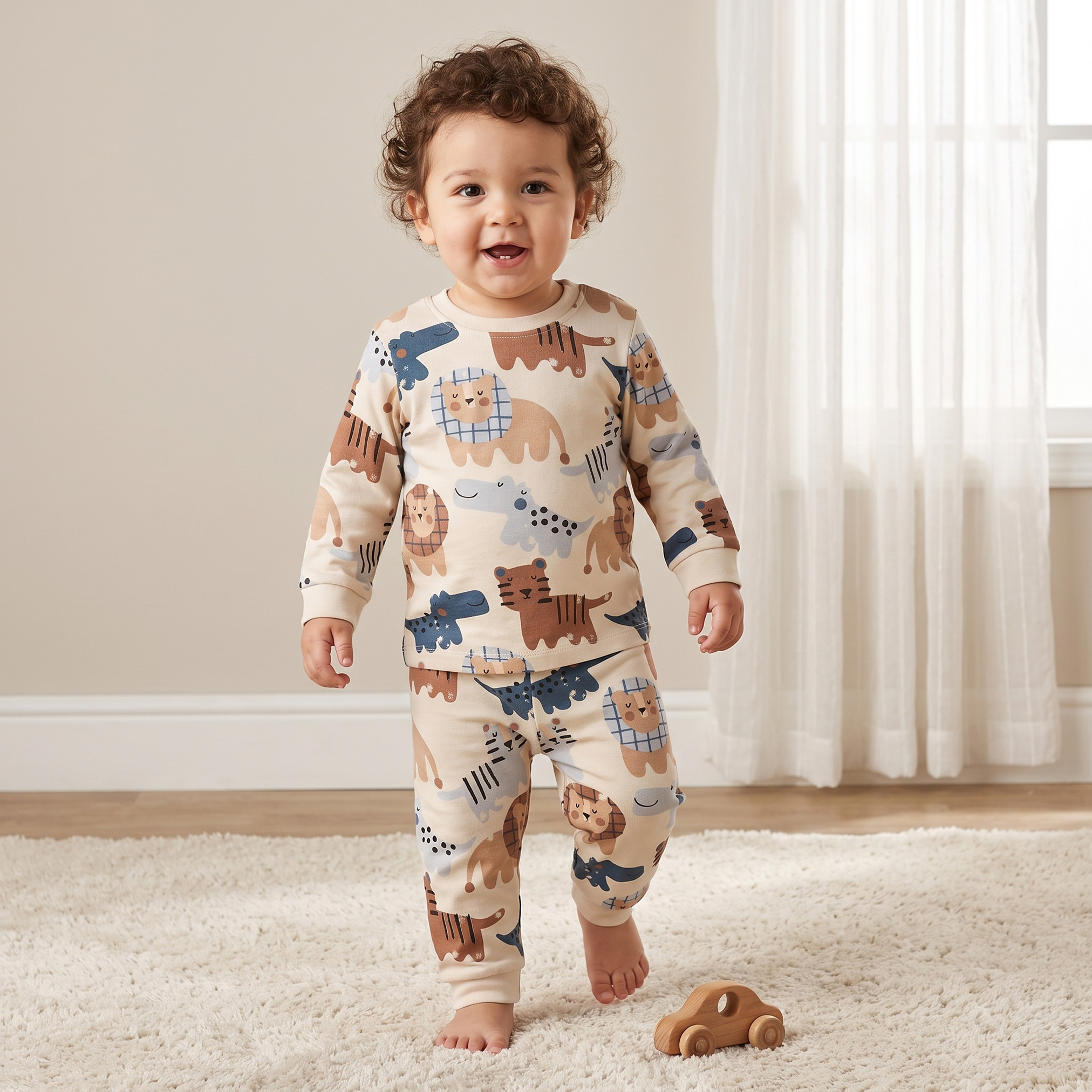 طقم بيجاما قطن بطبعات سفاري وياقة ضيقة وأكمام طويلة من جونيورز-baby-boys-clothing-nightwear-pyjamasets-image-1