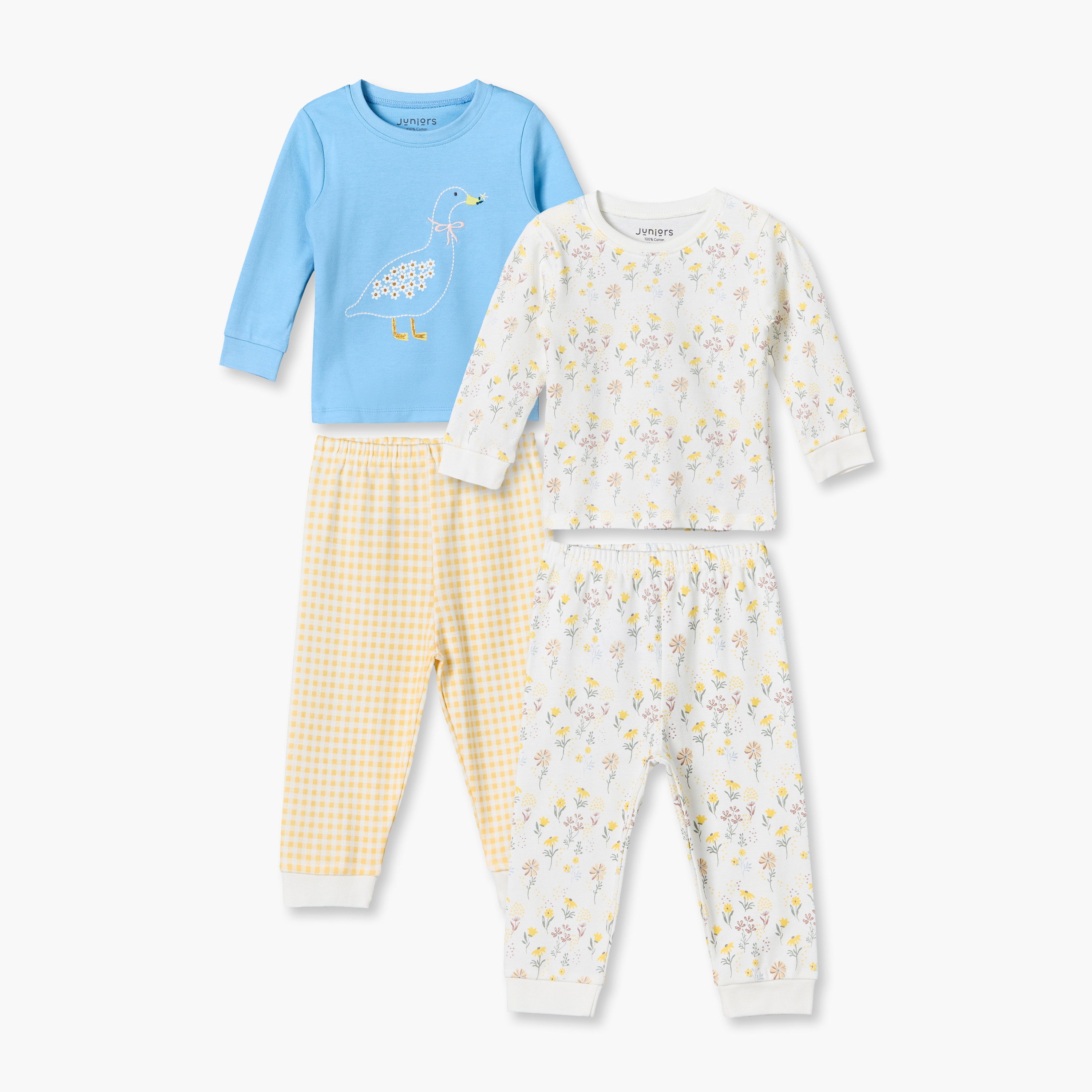 Pack of 2 Juniors Cotton Crew Neck Long Sleeves Pyjama Set with Assorted Print-baby-girls-clothing-nightwear-pyjamasets-image-1