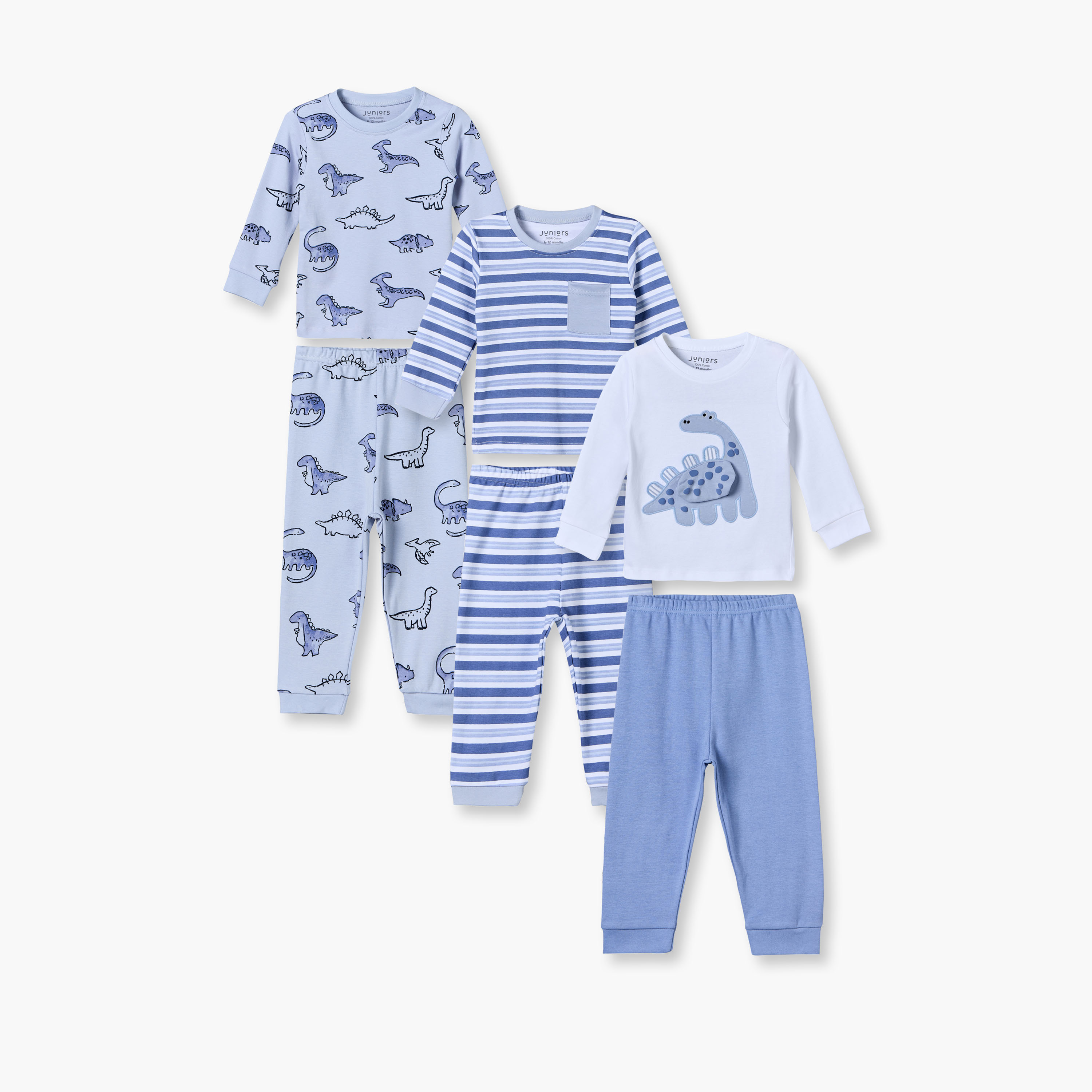 Pack of 3 Juniors Cotton Round Neck Long Sleeves Pyjama Set with Dinosaur Print-baby-boys-clothing-nightwear-pyjamasets-image-1