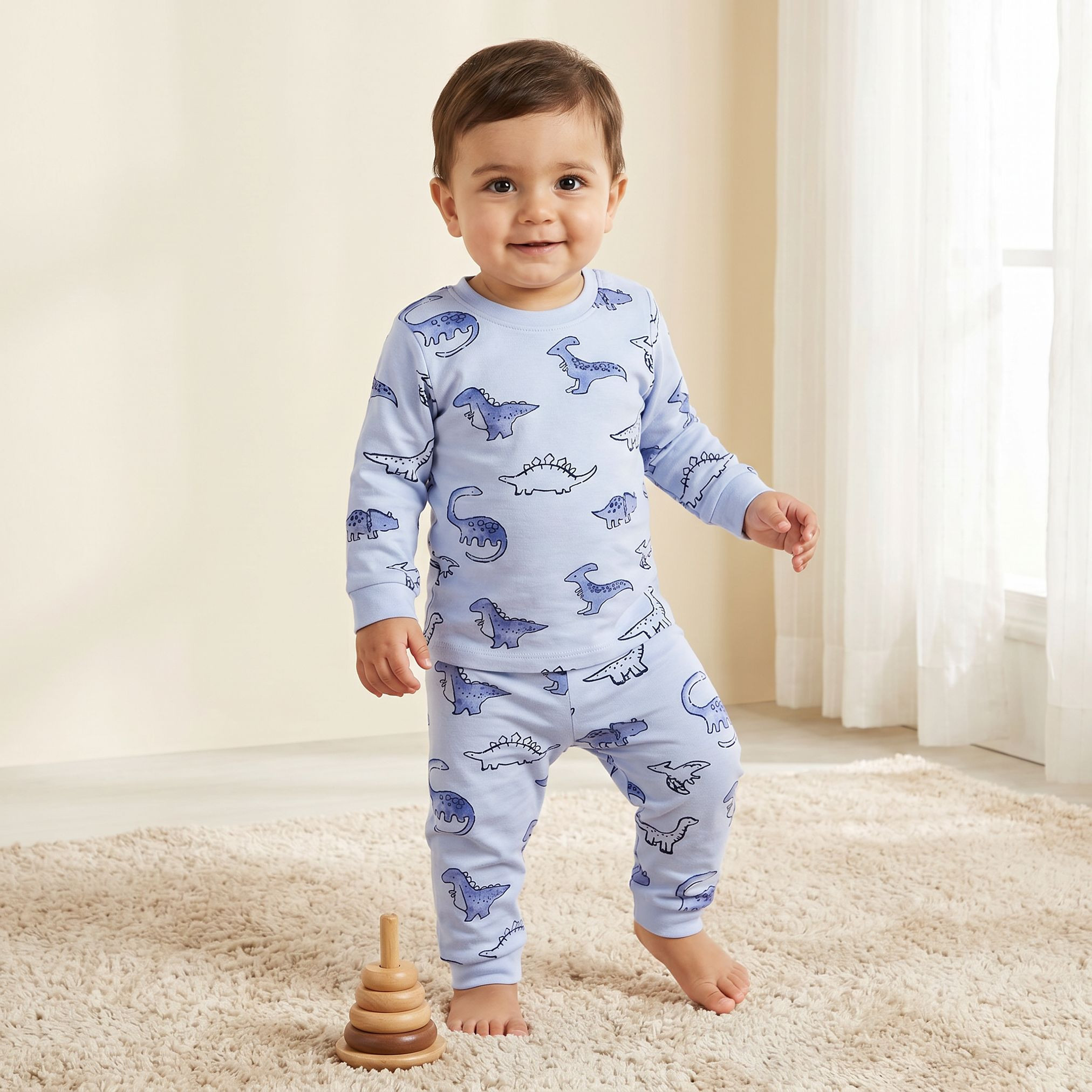 Pack of 3 Juniors Cotton Round Neck Long Sleeves Pyjama Set with Dinosaur Print-baby-boys-clothing-nightwear-pyjamasets-image-2