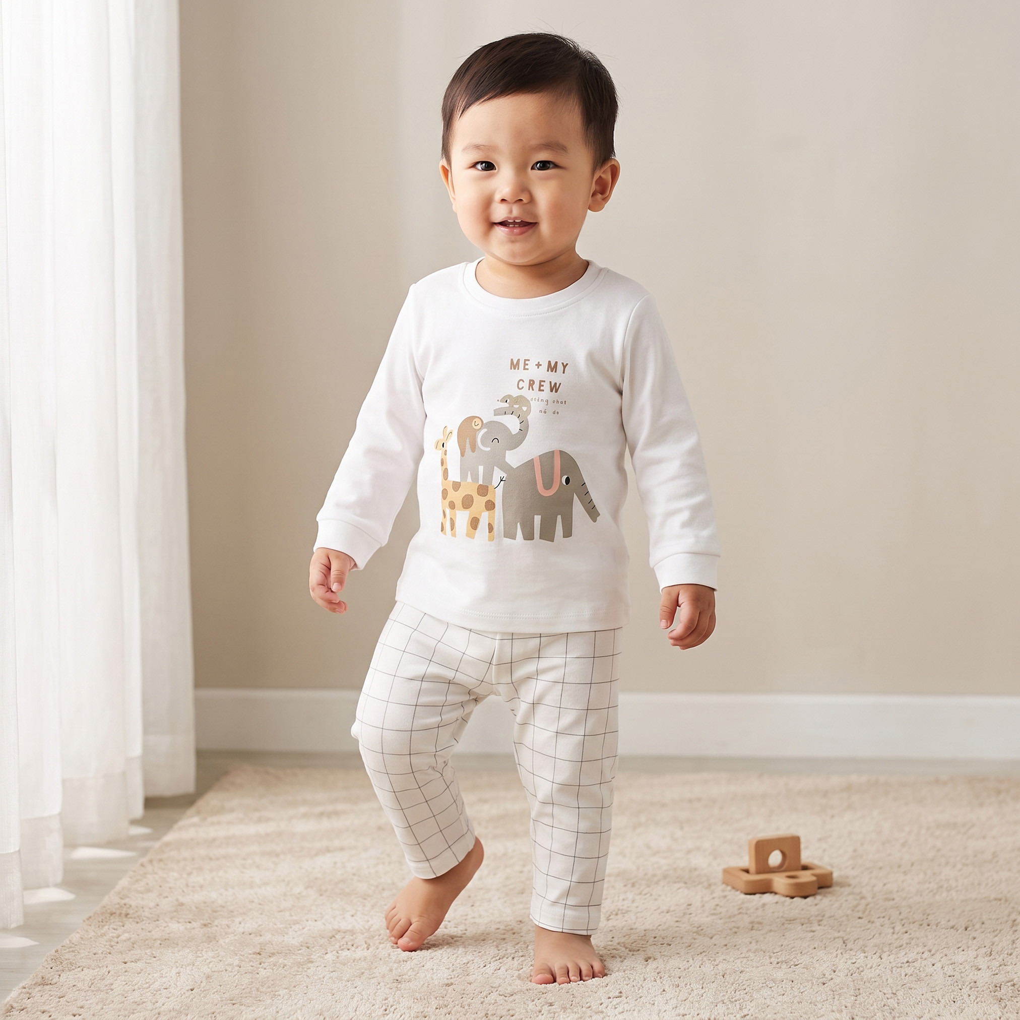 طقم بيجاما قطن بياقة ضيقة وأكمام طويلة وطبعات سفاري من جونيورز-baby-boys-clothing-nightwear-pyjamasets-image-1