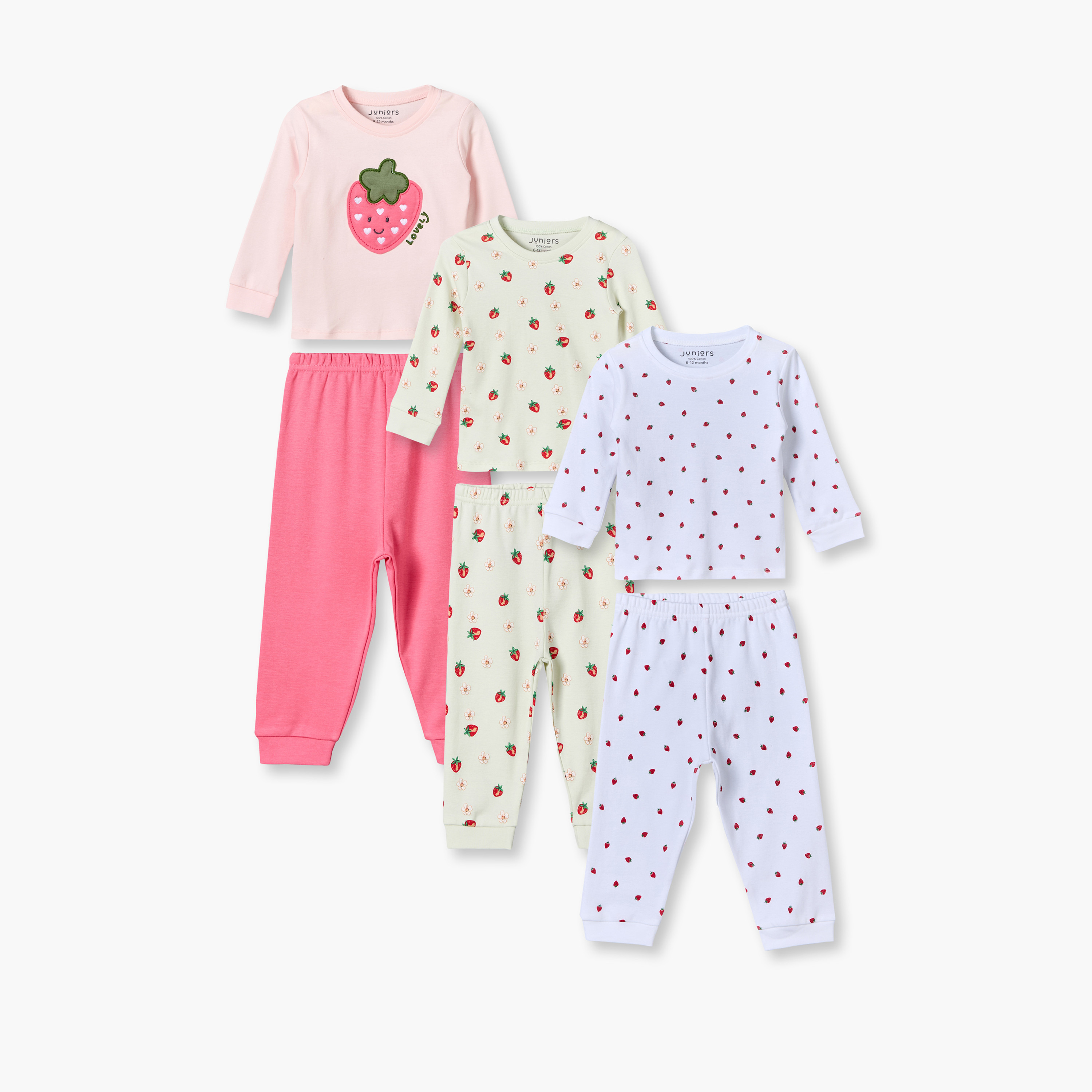 طقم بيجاما قطن بياقة مستديرة وأكمام طويلة وطبعات فراولة من جونيورز - 3 قطع-baby-girls-clothing-nightwear-pyjamasets-image-1
