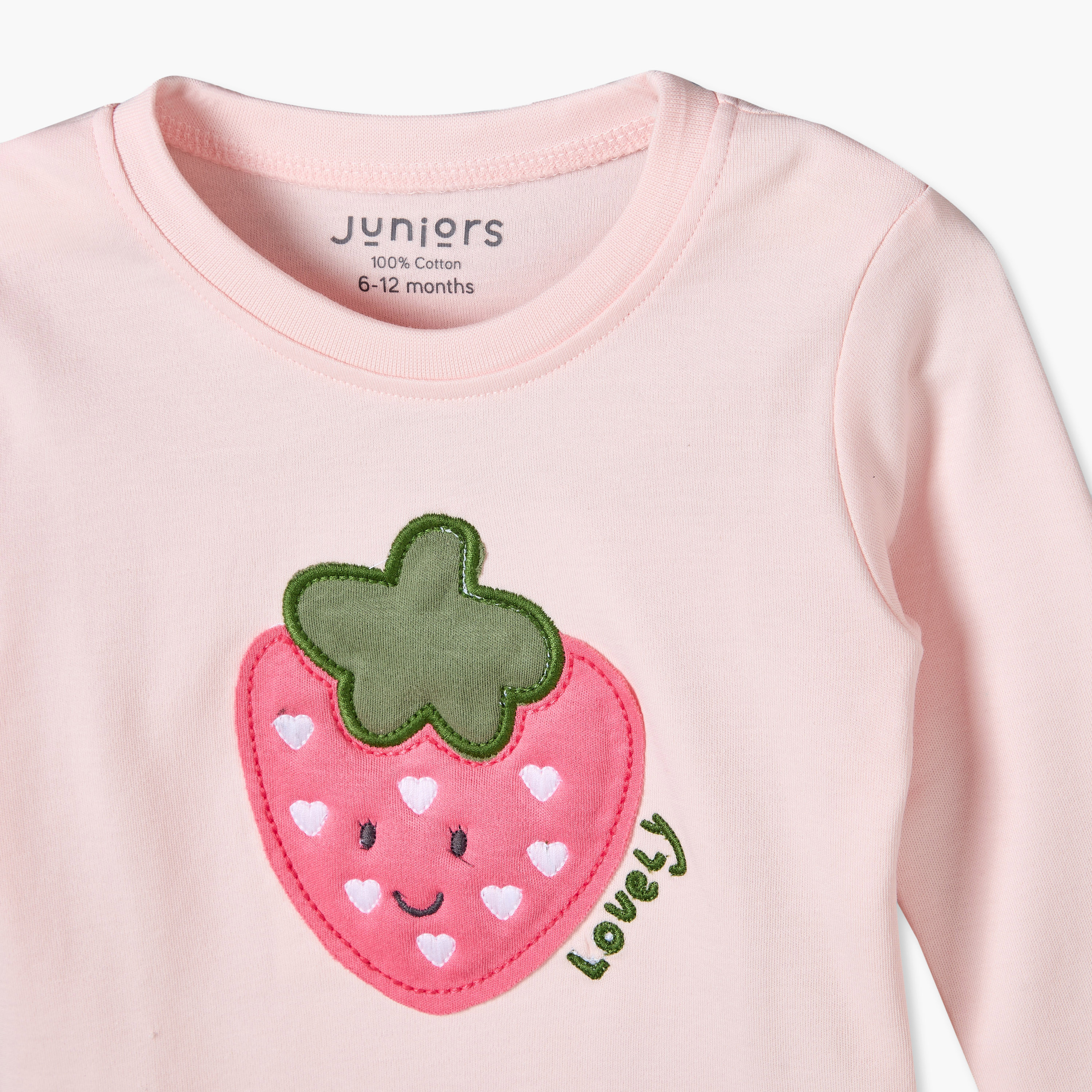 طقم بيجاما قطن بياقة مستديرة وأكمام طويلة وطبعات فراولة من جونيورز - 3 قطع-baby-girls-clothing-nightwear-pyjamasets-image-11