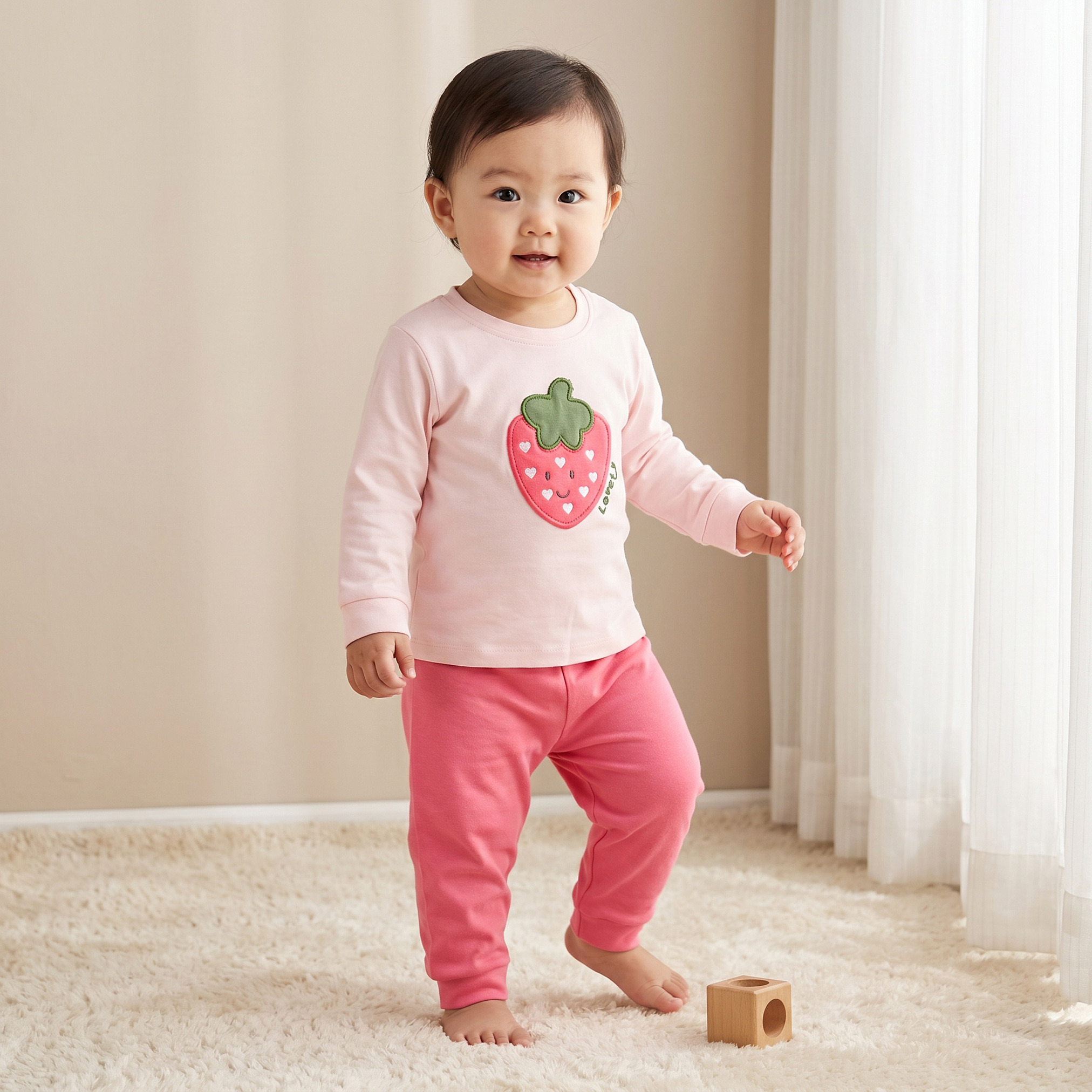 طقم بيجاما قطن بياقة مستديرة وأكمام طويلة وطبعات فراولة من جونيورز - 3 قطع-baby-girls-clothing-nightwear-pyjamasets-image-2