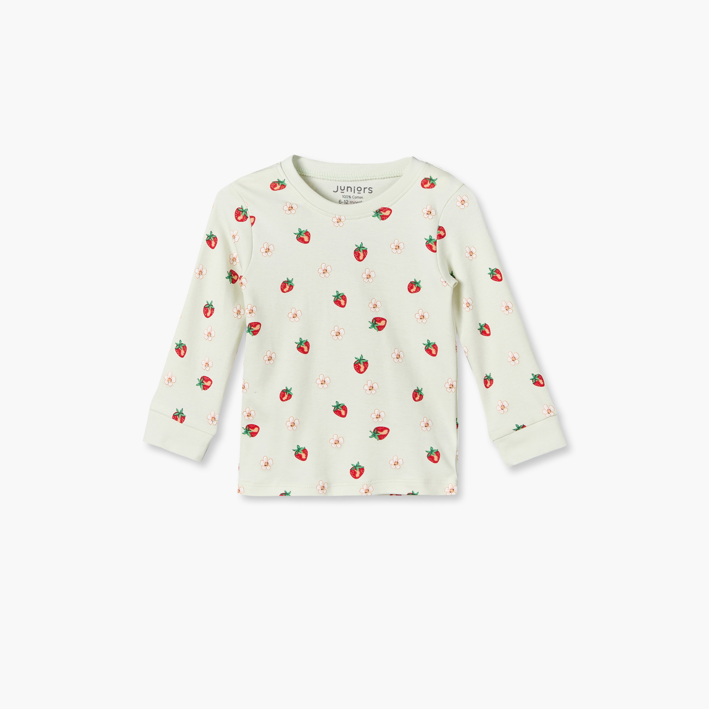 طقم بيجاما قطن بياقة مستديرة وأكمام طويلة وطبعات فراولة من جونيورز - 3 قطع-baby-girls-clothing-nightwear-pyjamasets-image-5