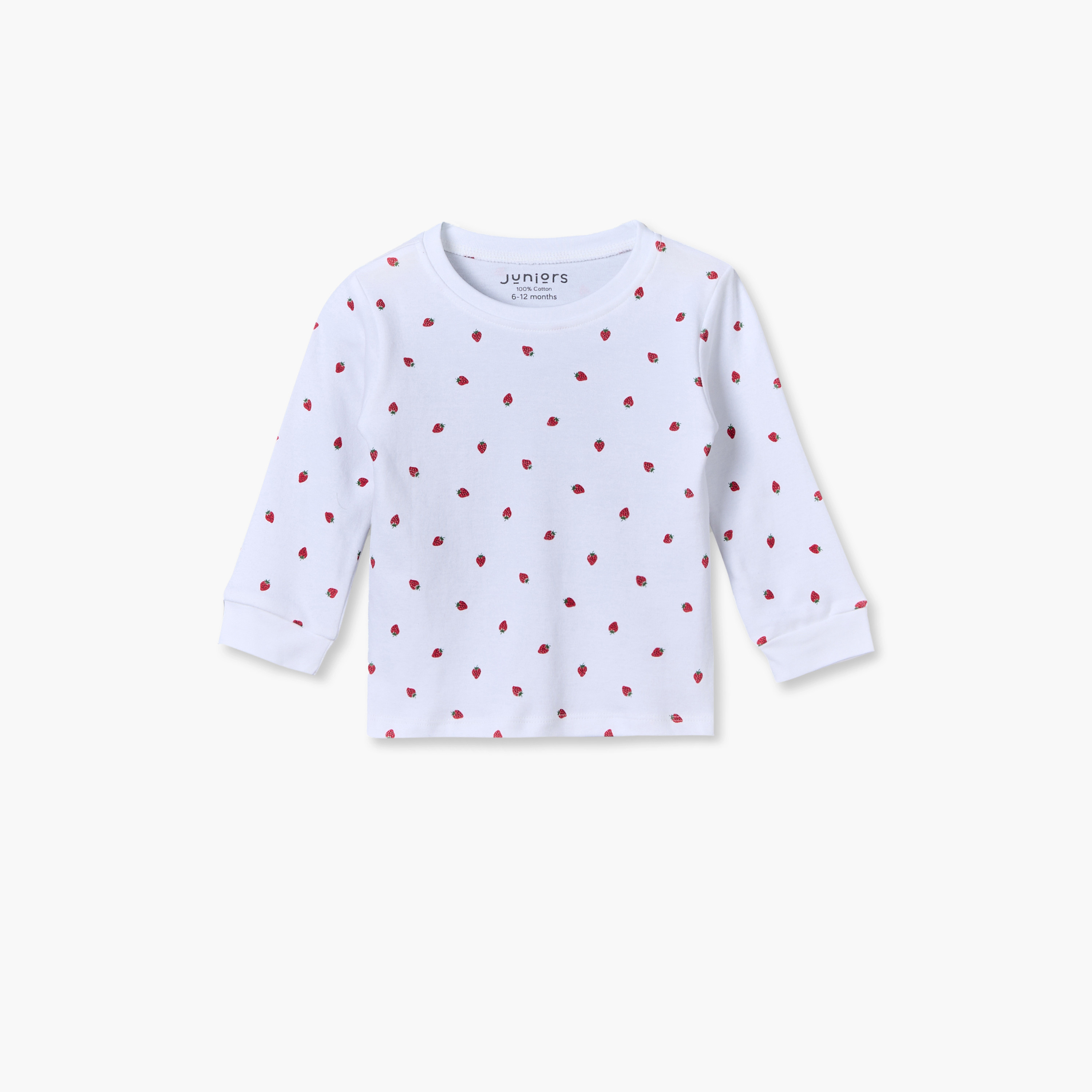 طقم بيجاما قطن بياقة مستديرة وأكمام طويلة وطبعات فراولة من جونيورز - 3 قطع-baby-girls-clothing-nightwear-pyjamasets-image-7