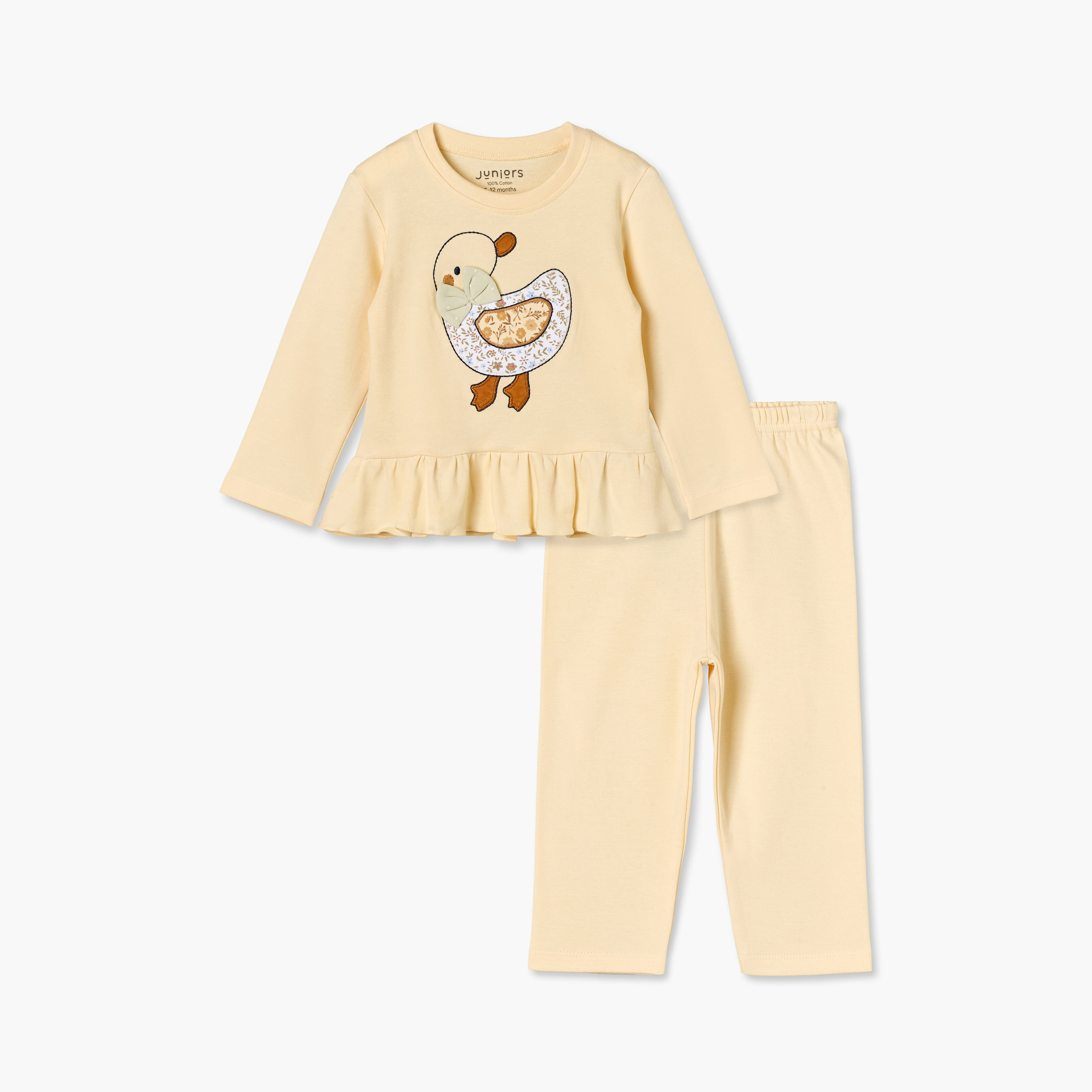 Juniors Cotton Crew Neck Long Sleeves Pyjama Set with Duck Applique-baby-girls-clothing-nightwear-pyjamasets-image-2