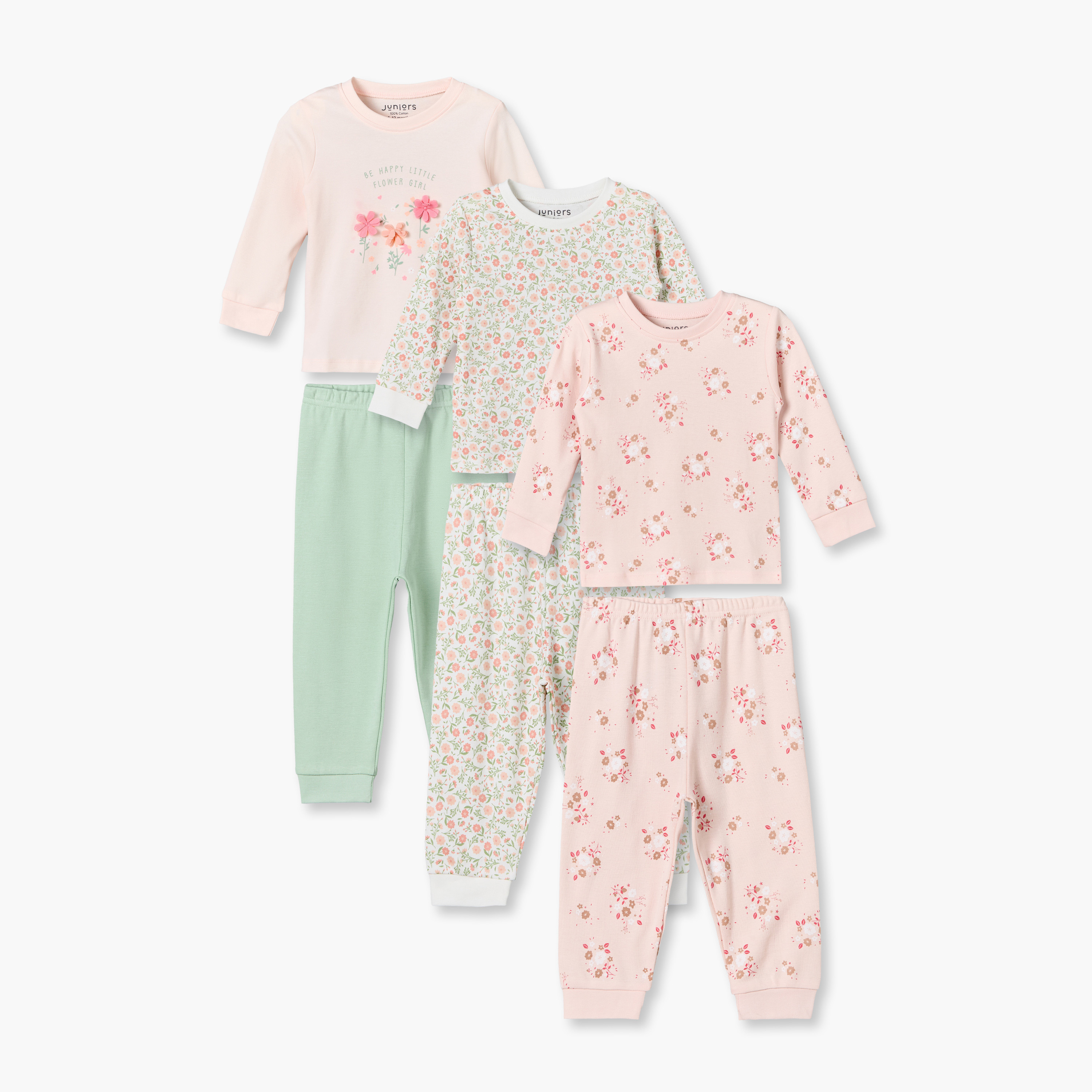 طقم من 3 بيجاما قطن بياقة مستديرة وأكمام طويلة وطبعات من جونيورز-baby-girls-clothing-nightwear-pyjamasets-image-1