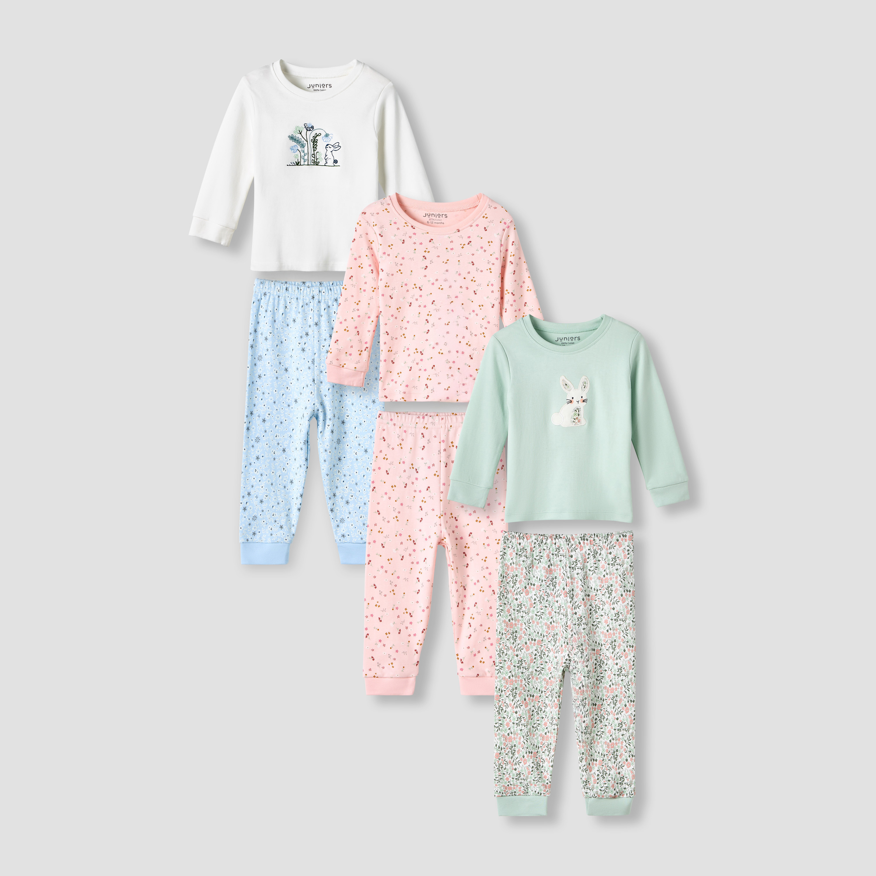 Set of 3, Juniors Cotton Crew Neck Long Sleeves Pyjama Set with Bunny Print-baby-girls-clothing-nightwear-pyjamasets-image-1