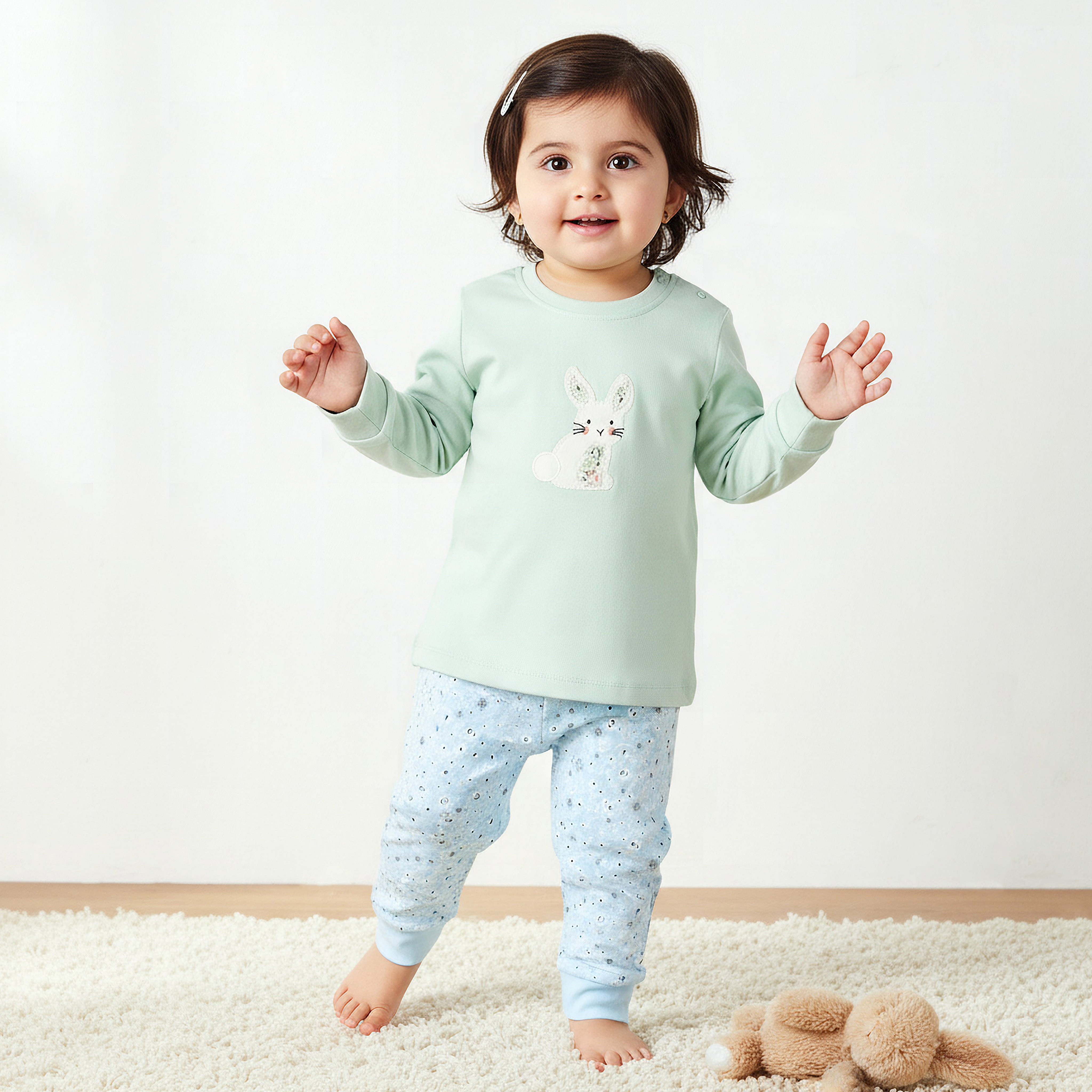 Set of 3, Juniors Cotton Crew Neck Long Sleeves Pyjama Set with Bunny Print-baby-girls-clothing-nightwear-pyjamasets-image-2