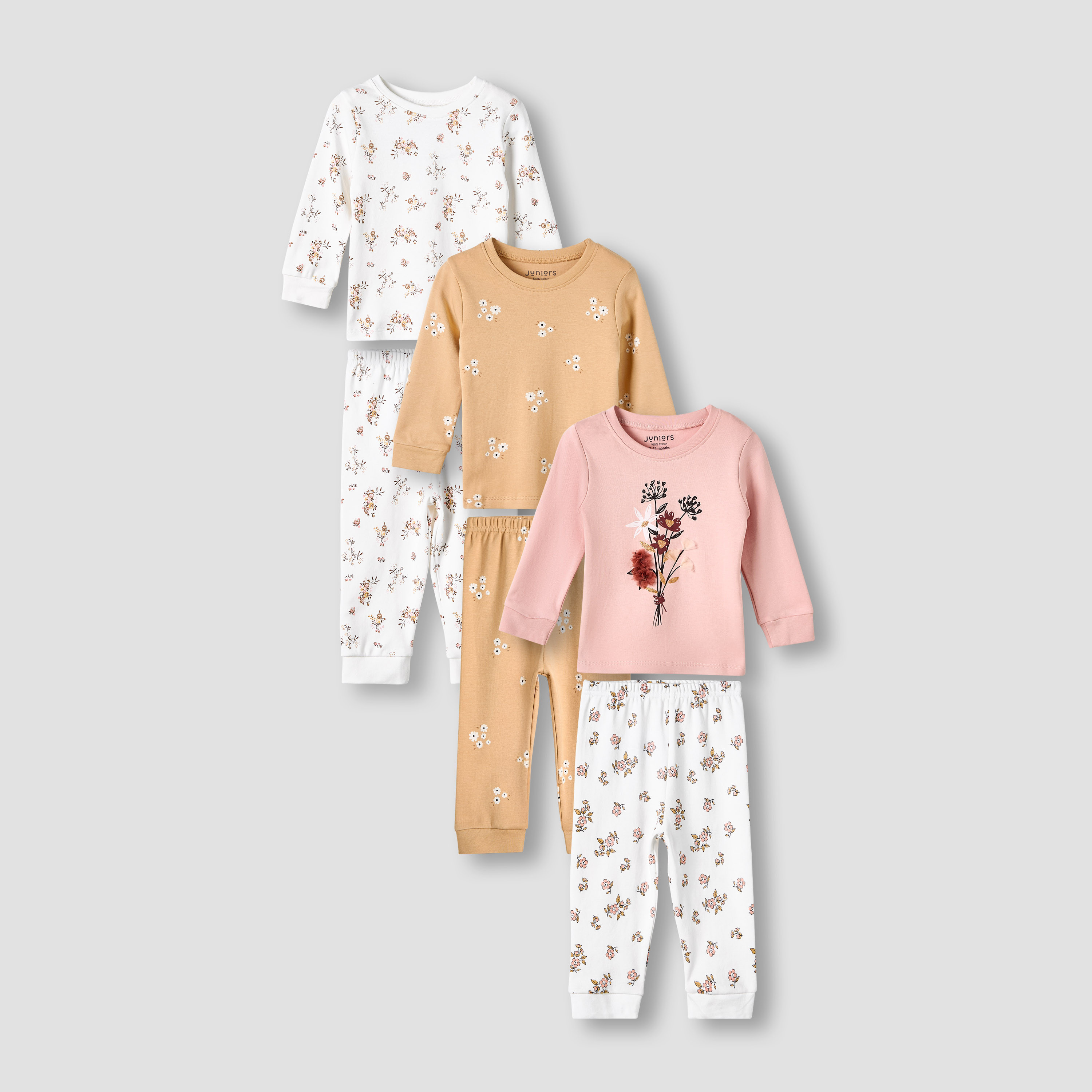 Set of 3, Juniors Cotton Crew Neck Long Sleeves Pyjama Set with Floral Print-baby-girls-clothing-nightwear-pyjamasets-image-1