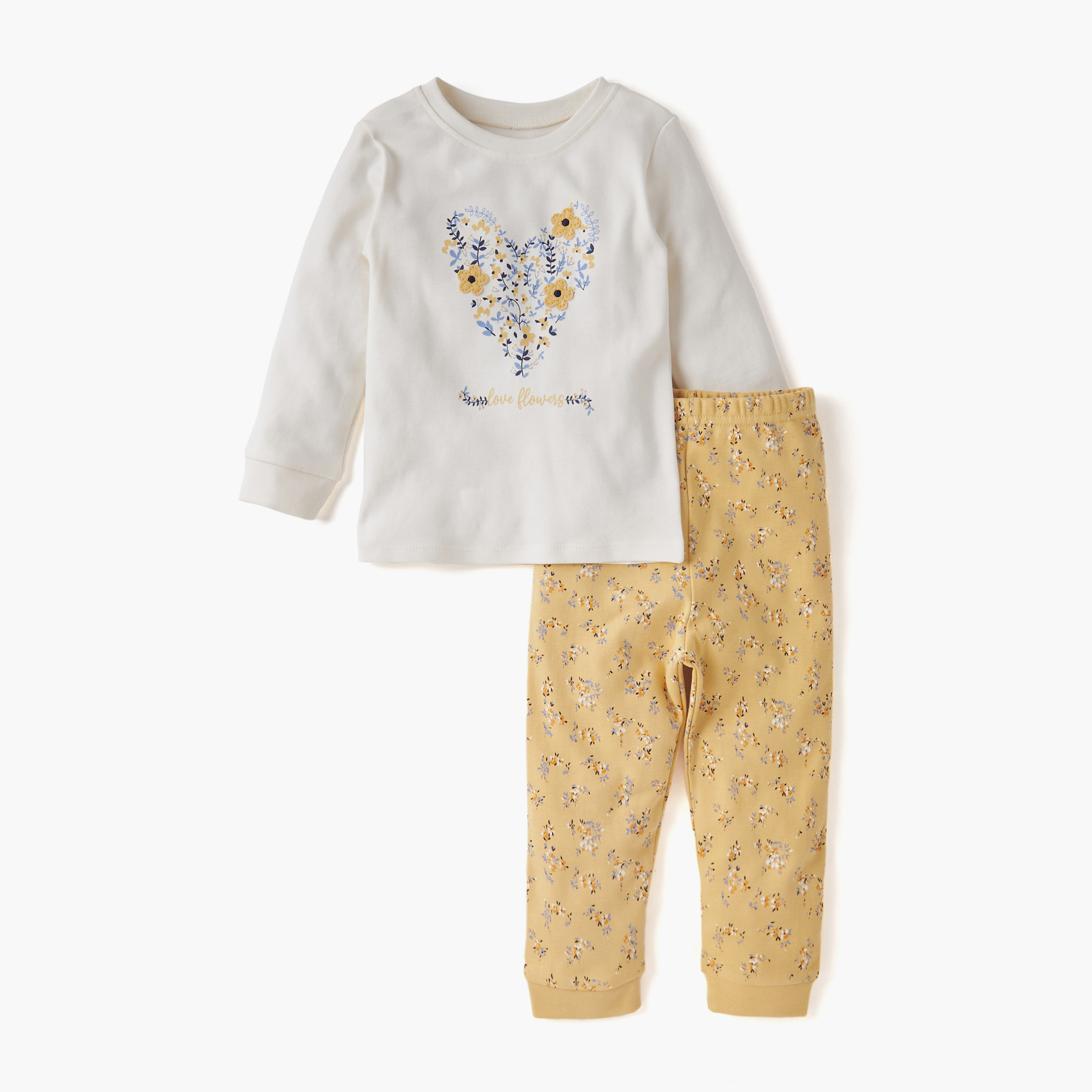 طقم بنطلون بيجاما وتيشيرت بطبعات زهرية من جونيورز-baby-girls-clothing-nightwear-pyjamasets-image-1