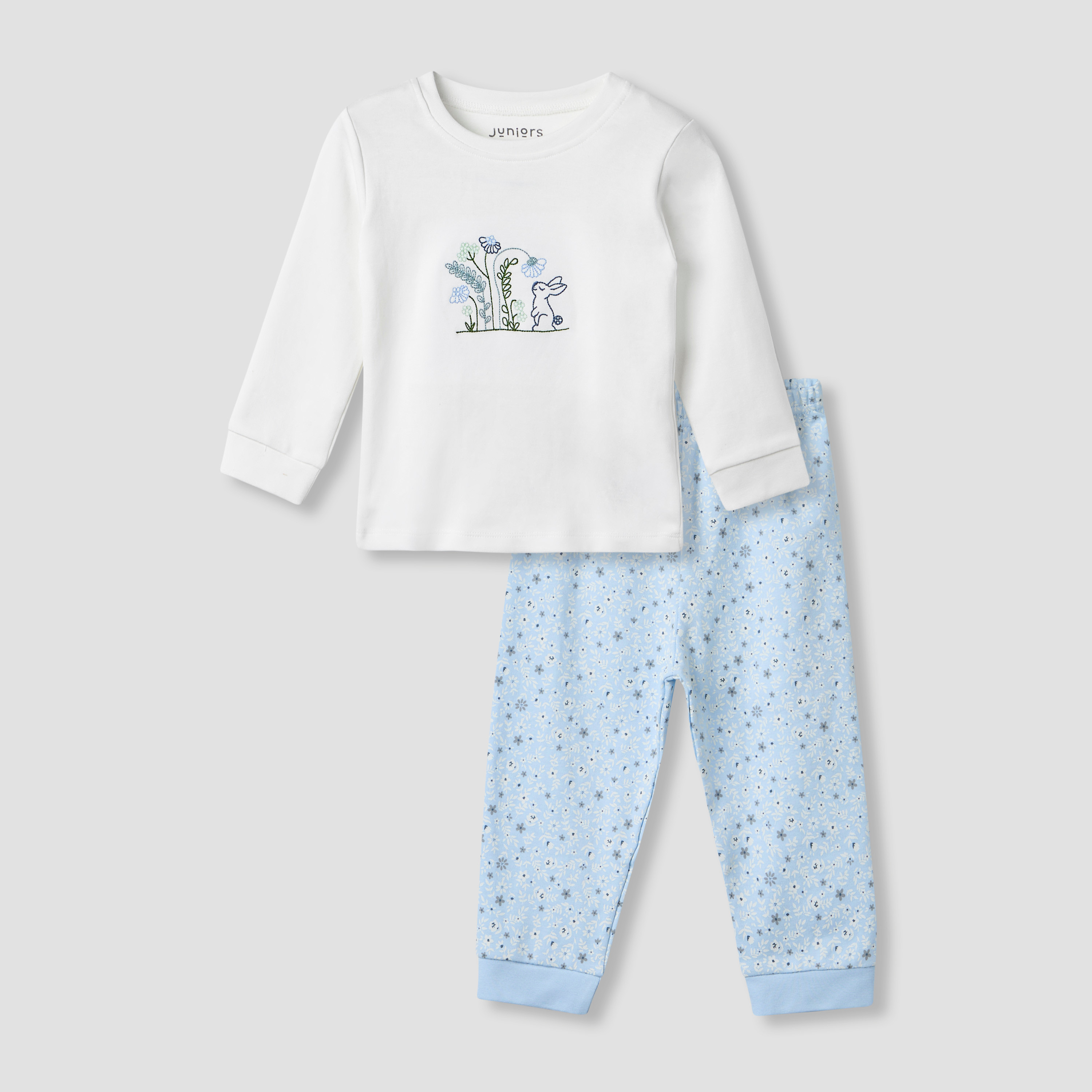 Juniors Embroidered T-shirt and Printed Pyjama Set-baby-girls-clothing-nightwear-pyjamasets-image-1
