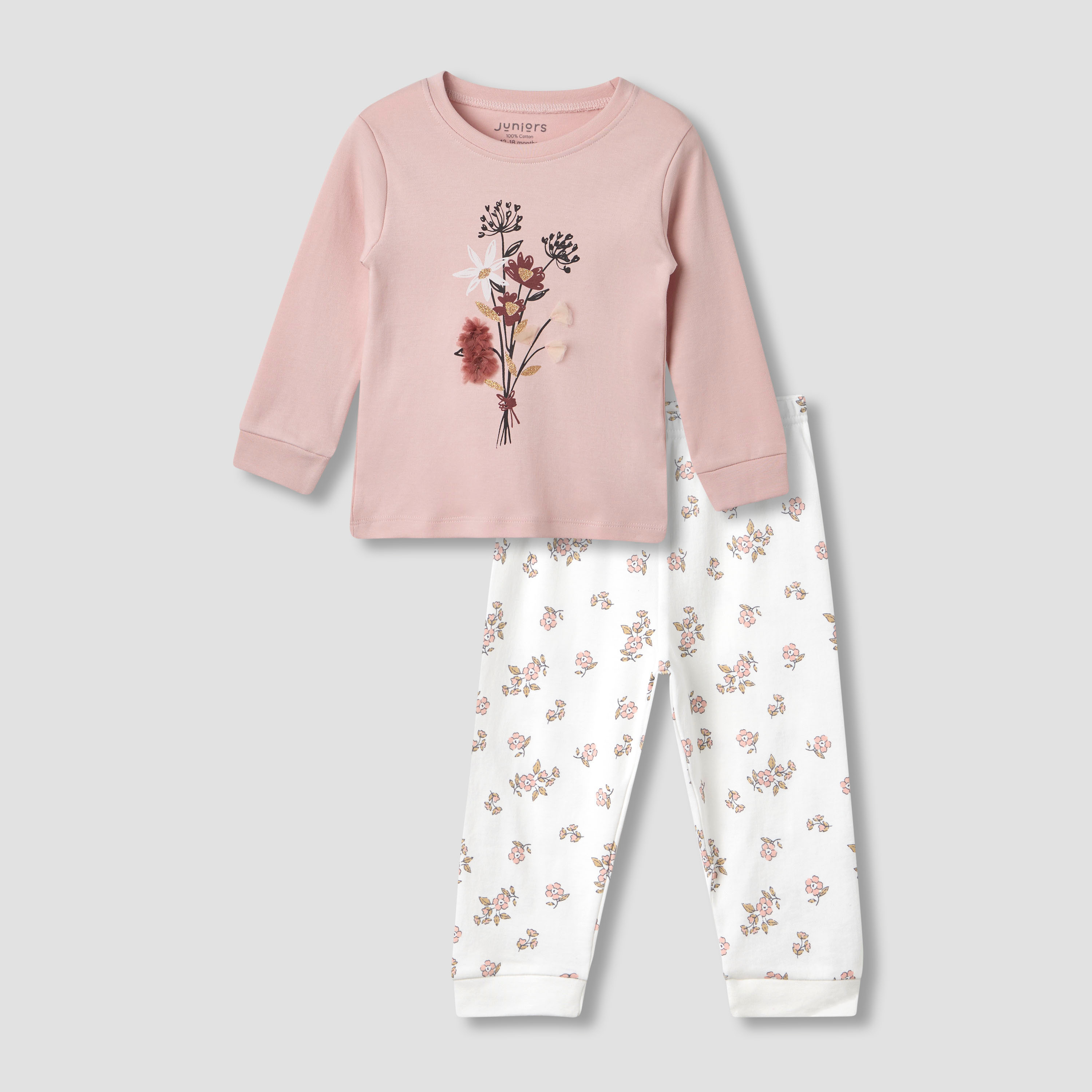 Juniors All-Over Floral Print Long Sleeves T-shirt and Pyjama Set-baby-girls-clothing-nightwear-pyjamasets-image-1