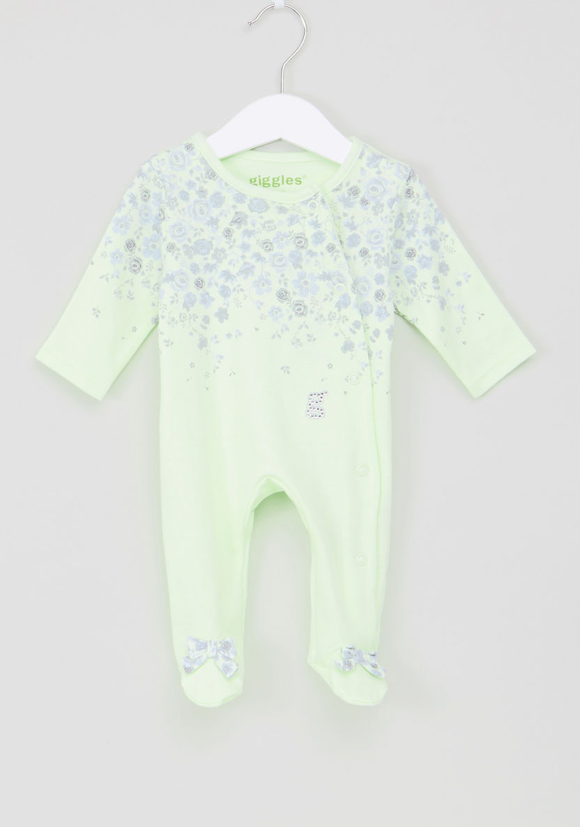 Giggles Printed Closed Feet Sleepsuit with Bow Applique-Sleepsuits-image-0
