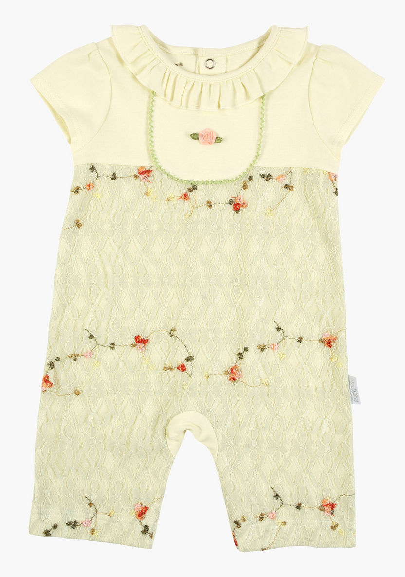 Giggles Textured Romper with Short Sleeves and Ruffle Detail-Rompers%2C Dungarees and Jumpsuits-image-0