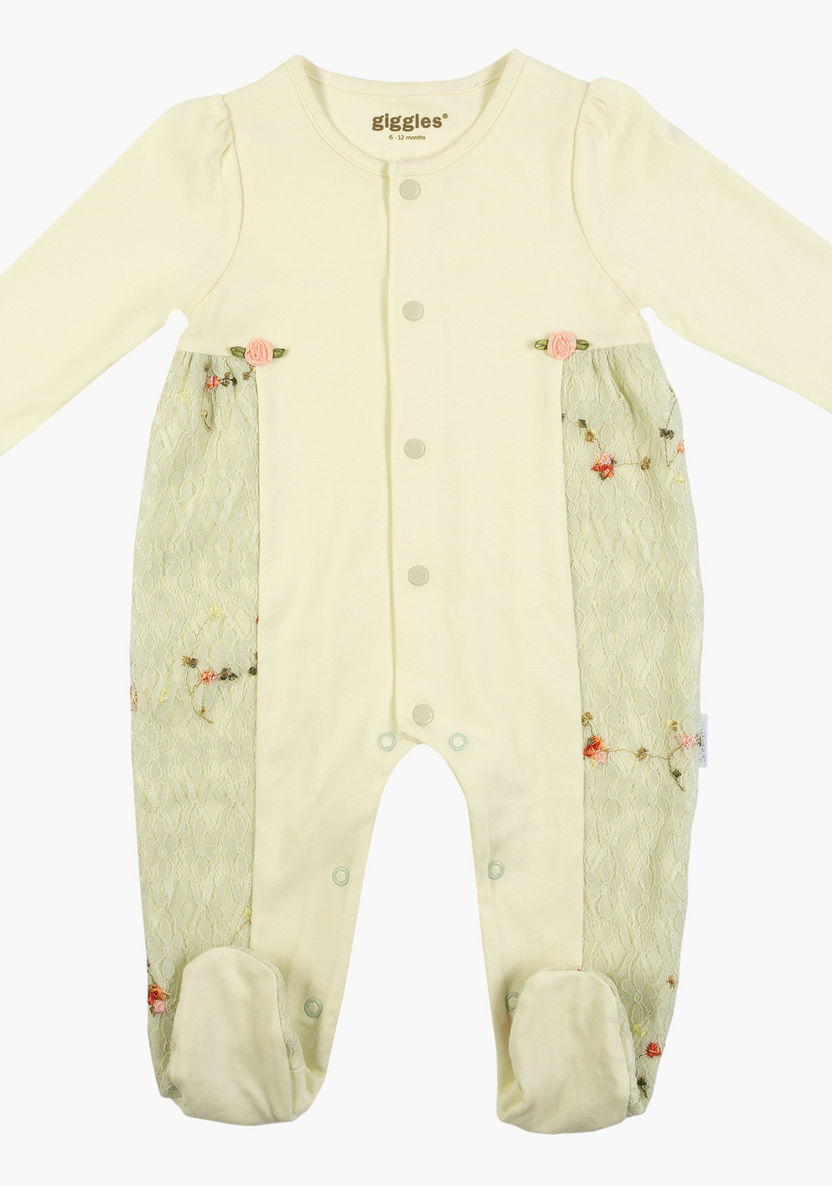 Giggles Closed Feet Sleepsuit with Floral Appliques and Lace Insert-Sleepsuits-image-0