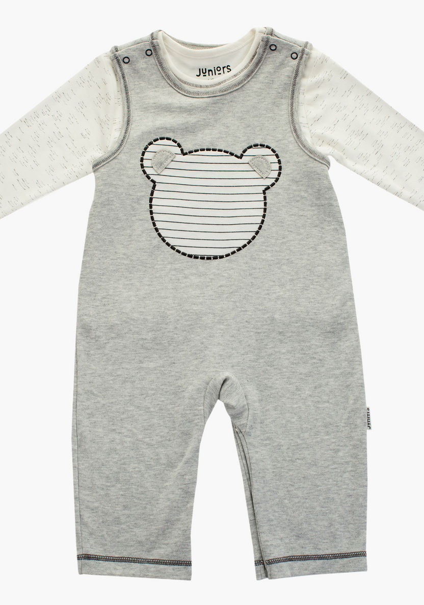 Juniors Bear Embroidered Dungarees with Long Sleeves-Rompers%2C Dungarees and Jumpsuits-image-0