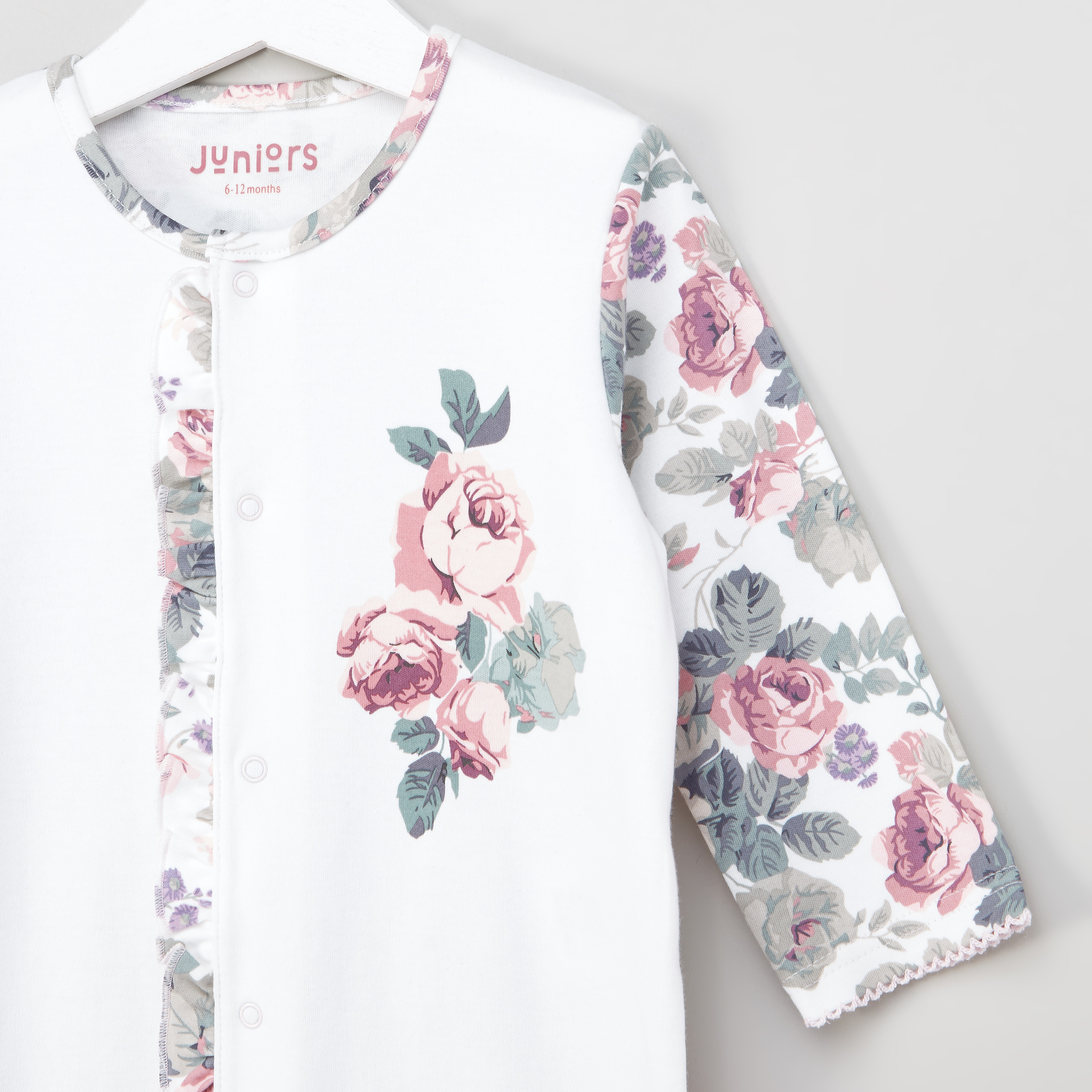 Juniors Floral Printed Sleepsuit with Round Neck and Long Sleeves-baby-girls-clothing-nightwear-sleepsuits-image-2