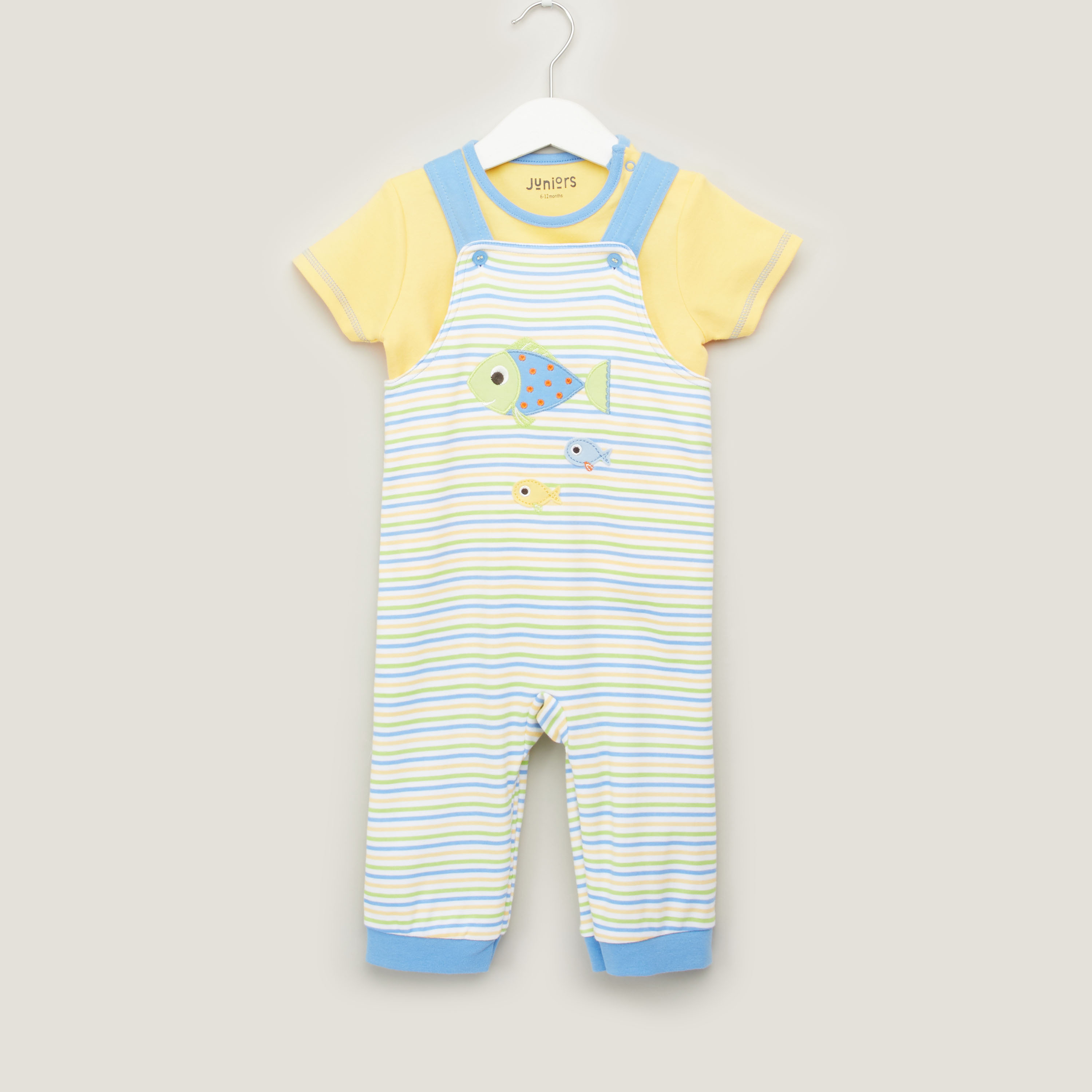 Juniors Solid Round Neck T-shirt and Striped Dungaree Set-baby-boys-clothing-winterwear-rompers-image-1