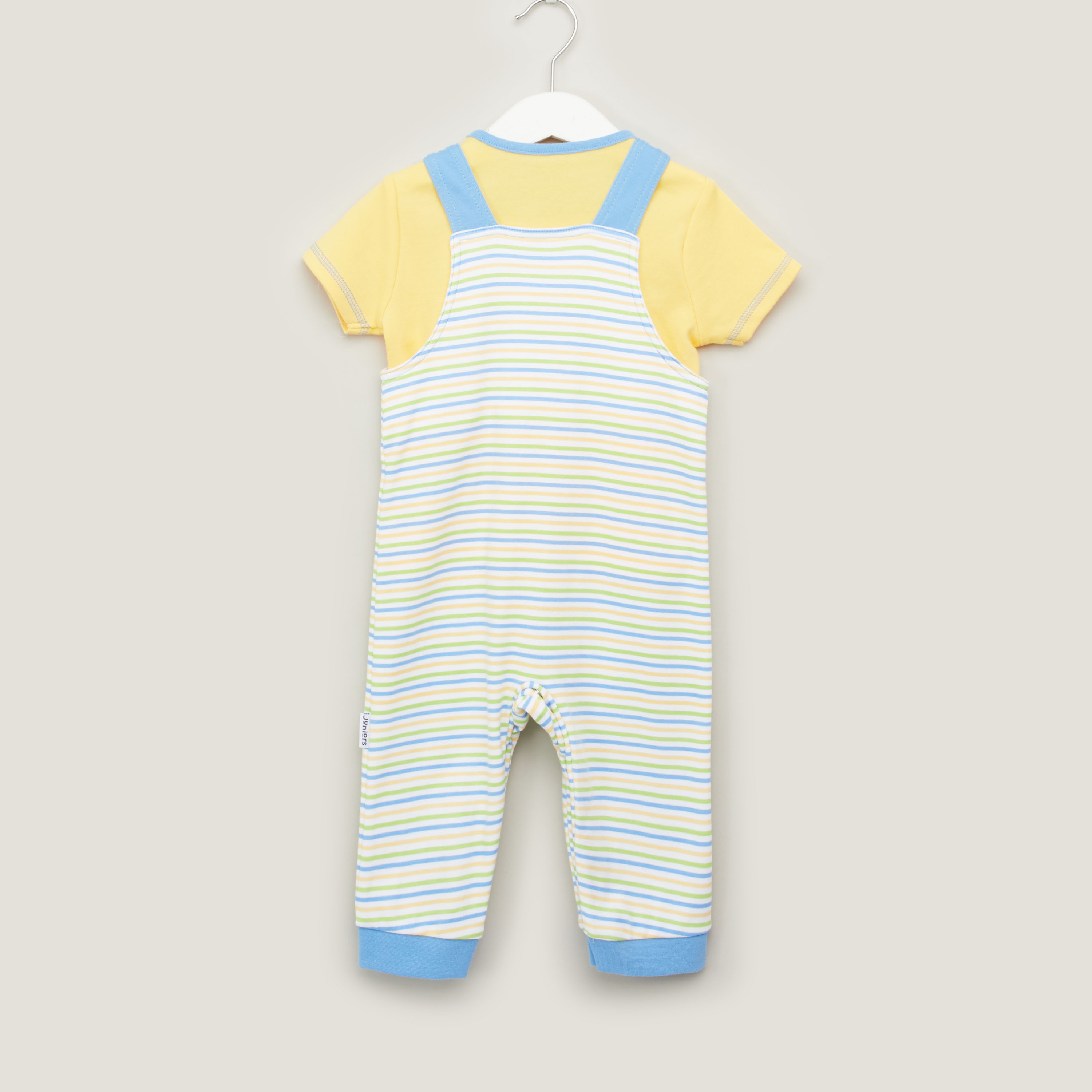 Juniors Solid Round Neck T-shirt and Striped Dungaree Set-baby-boys-clothing-winterwear-rompers-image-3