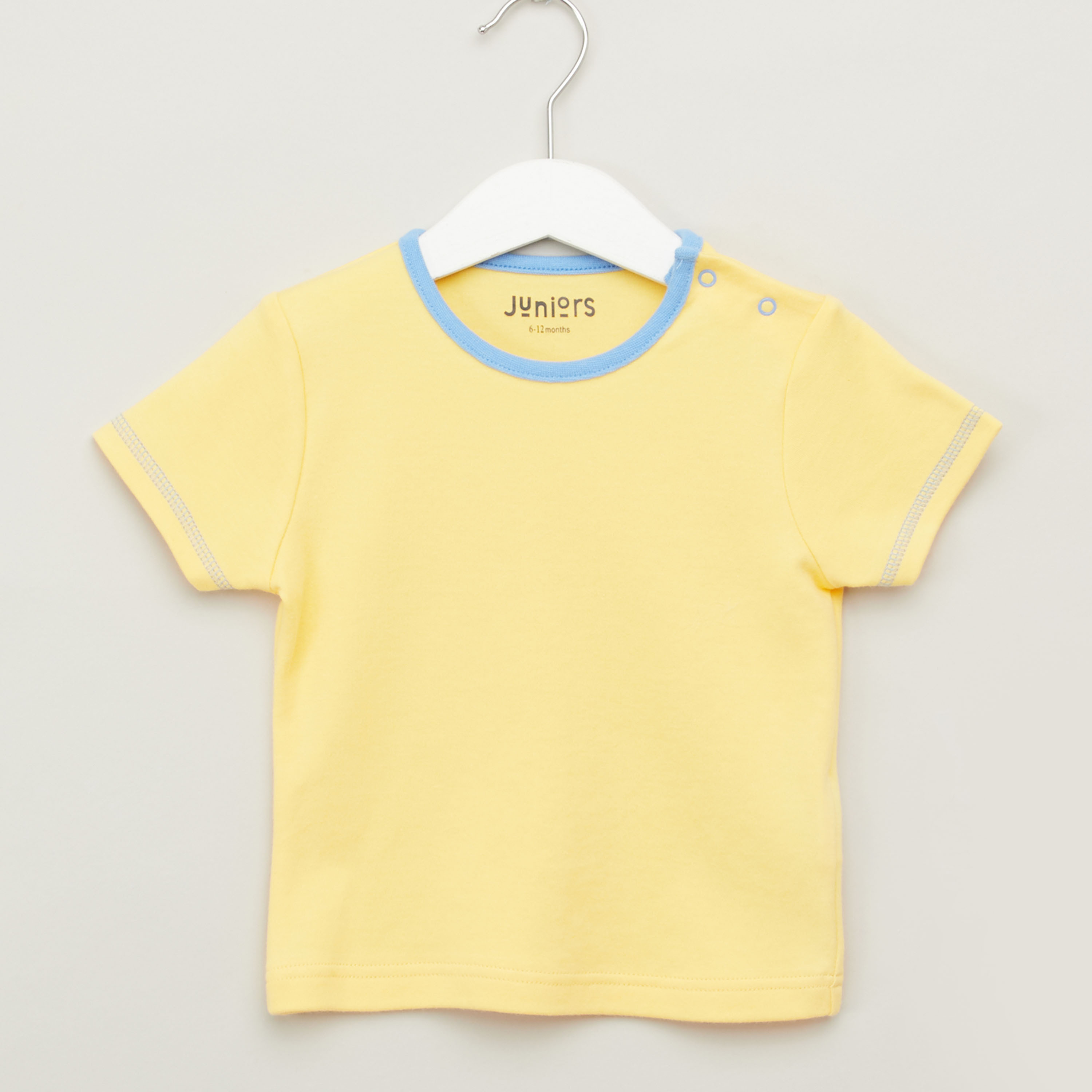Juniors Solid Round Neck T-shirt and Striped Dungaree Set-baby-boys-clothing-winterwear-rompers-image-4