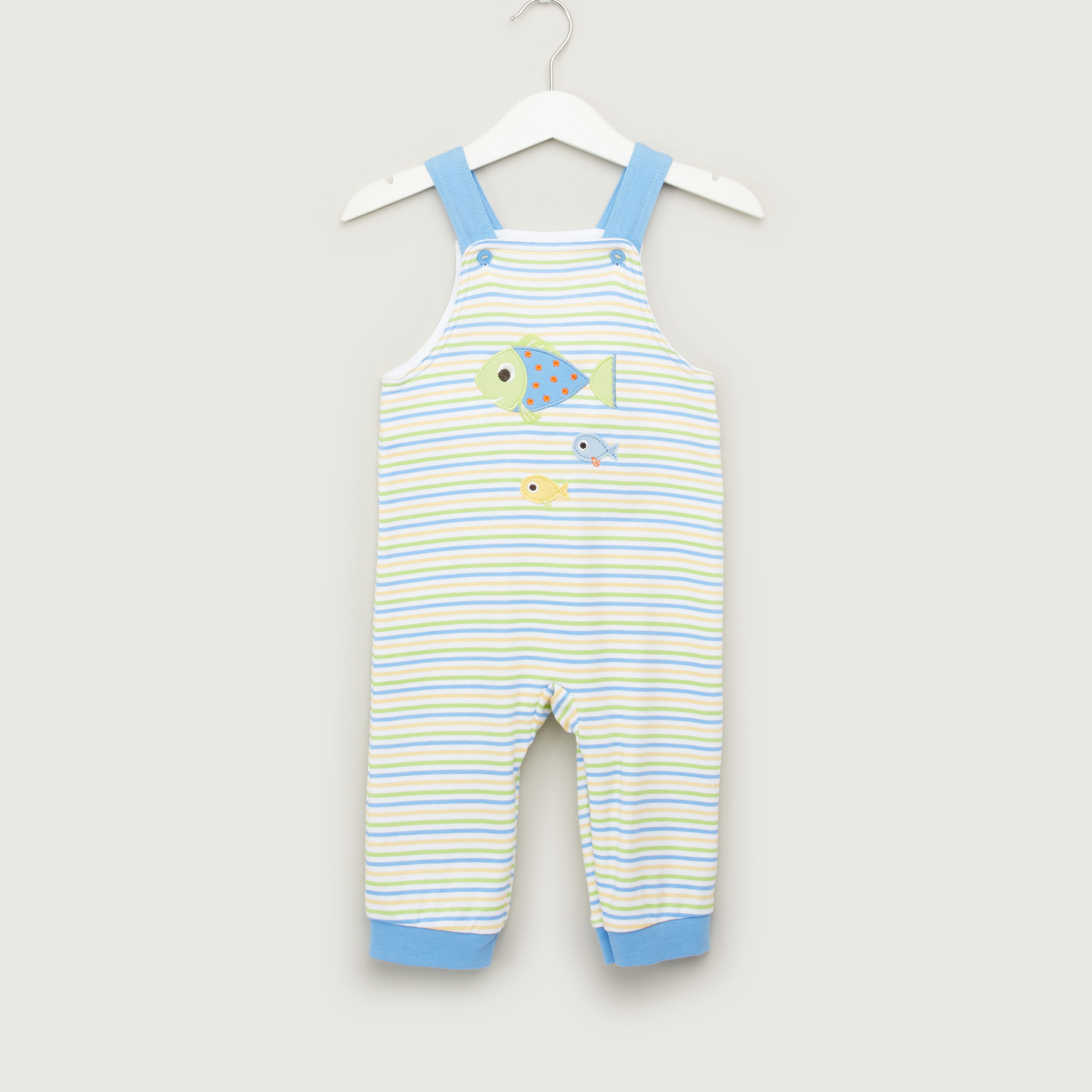 Juniors Solid Round Neck T-shirt and Striped Dungaree Set-baby-boys-clothing-winterwear-rompers-image-5