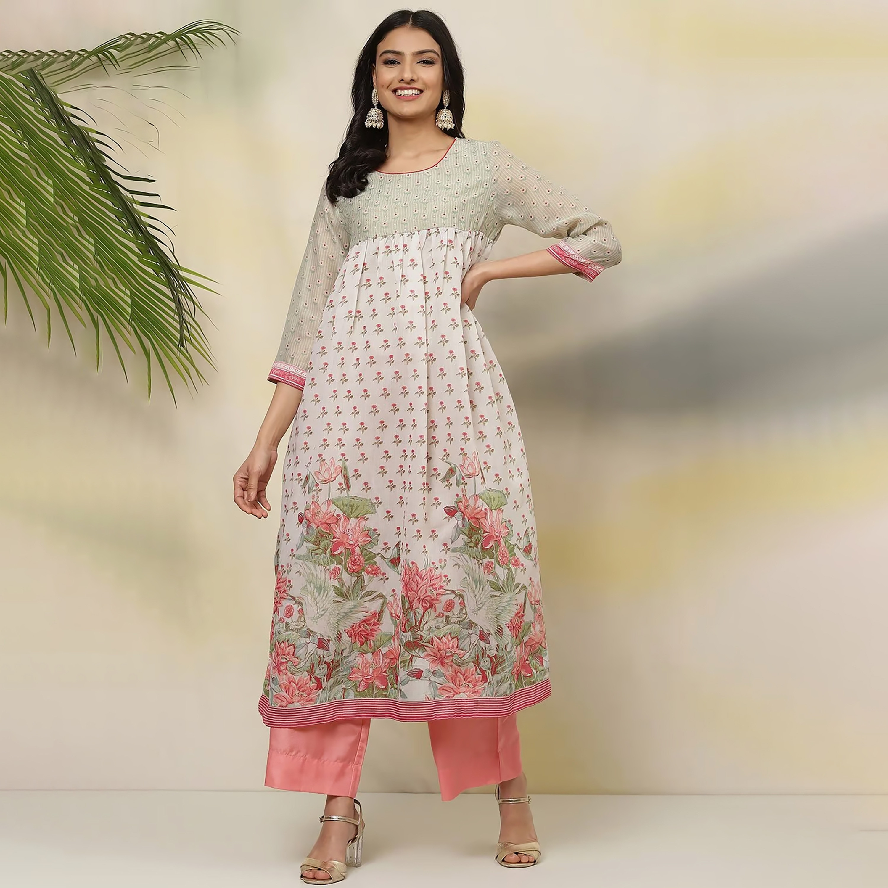 كورتا مستقيمة برقبة دائرية مطبوعة مع مزين بسكوينس من بيبا-women-clothing-ethnicwear-dresses-image-1