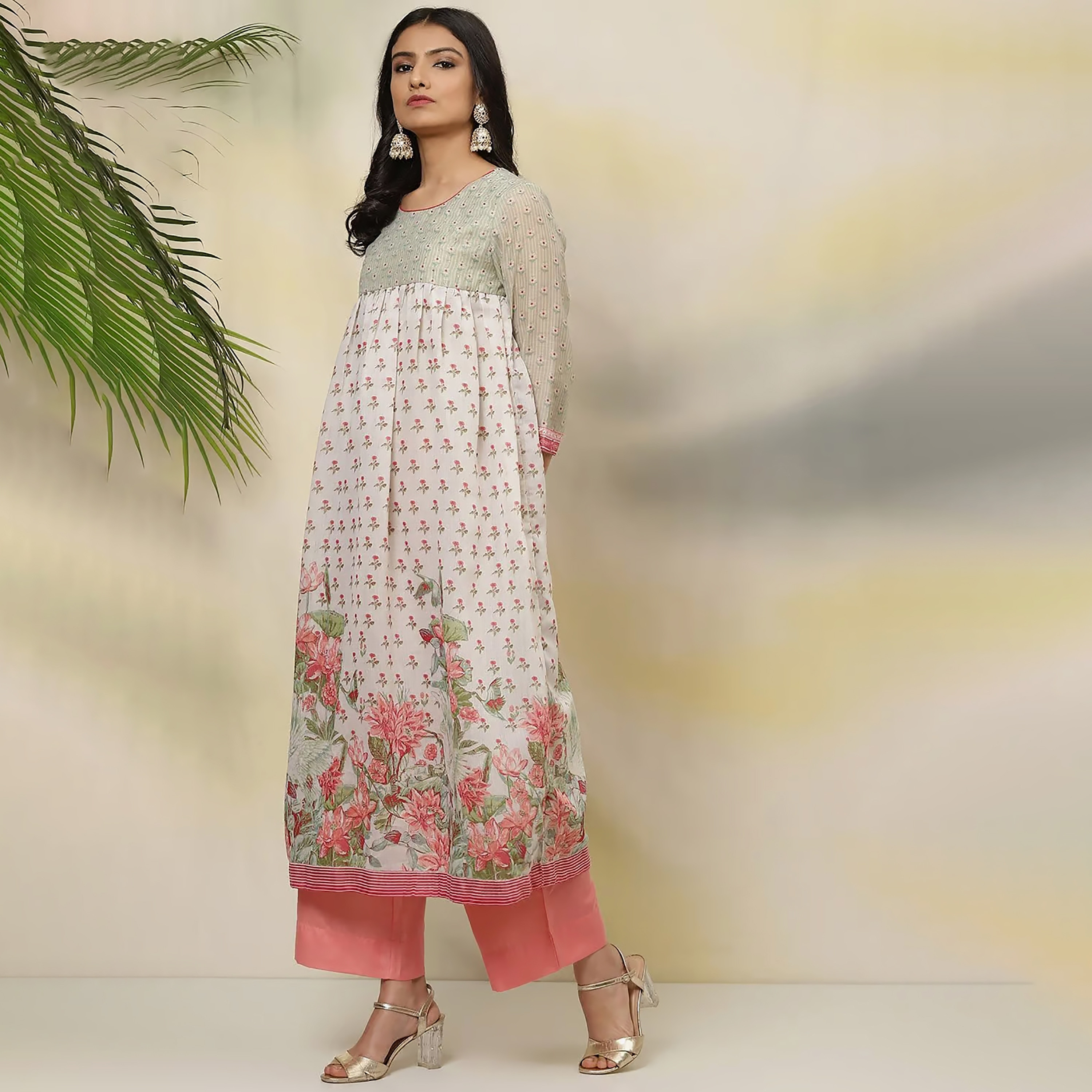 Biba Printed Round Neck Straight Kurta with Sequins Detail-women-clothing-ethnicwear-dresses-image-2